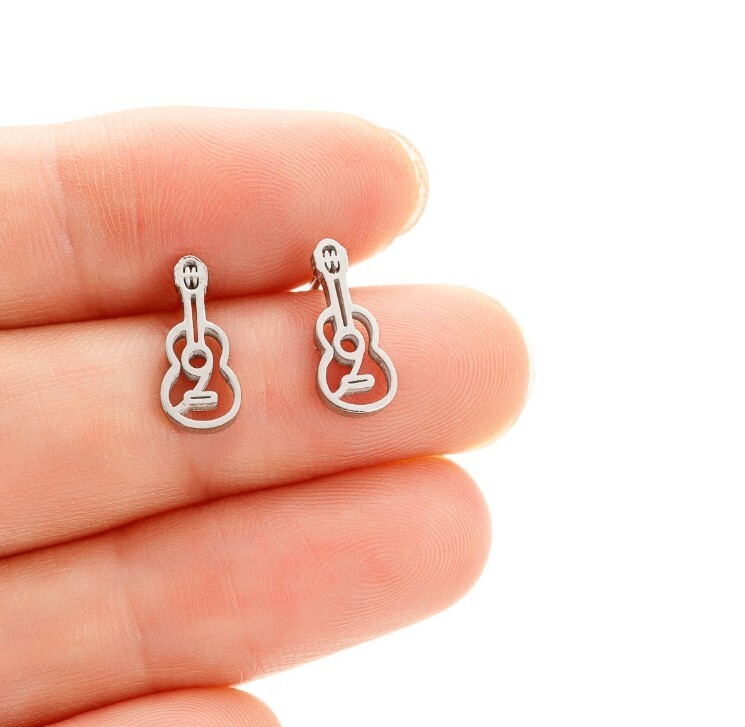 Titanium Silver/Gold/Black Musical Instrument Violin Guitar Stud Earrings