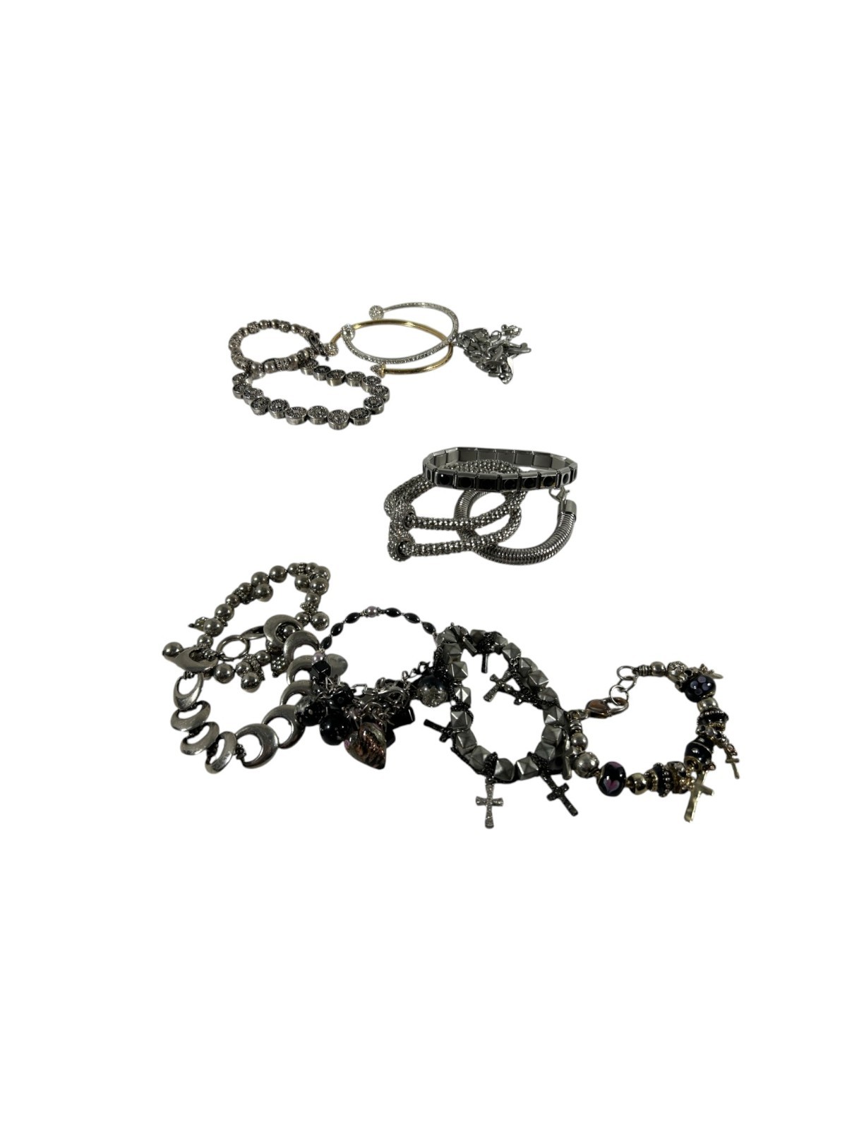 Mixed Lot 15 Silver Tone Bracelets Costume Jewelry Stretch Cuff Beaded Charm