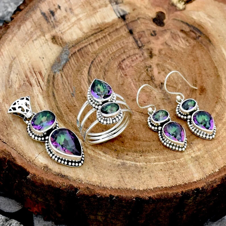 Mystic Topaz Ring,Pendant,Earing Gemstone 925 Sterling Silver Handmade Pendant