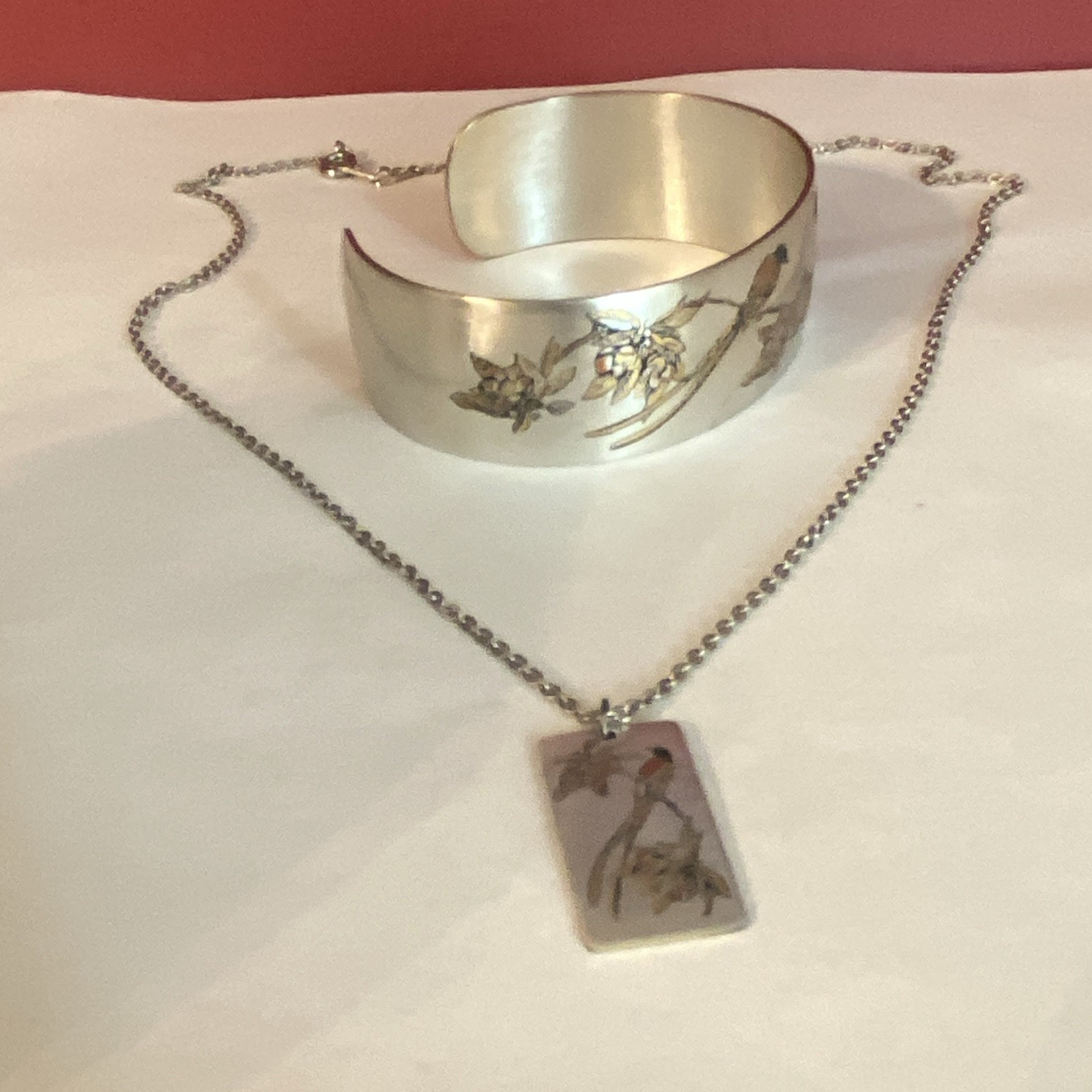 Vintage Reed & Barton Damascene Bird & Floral Cuff Bracelet & Pendant Necklace