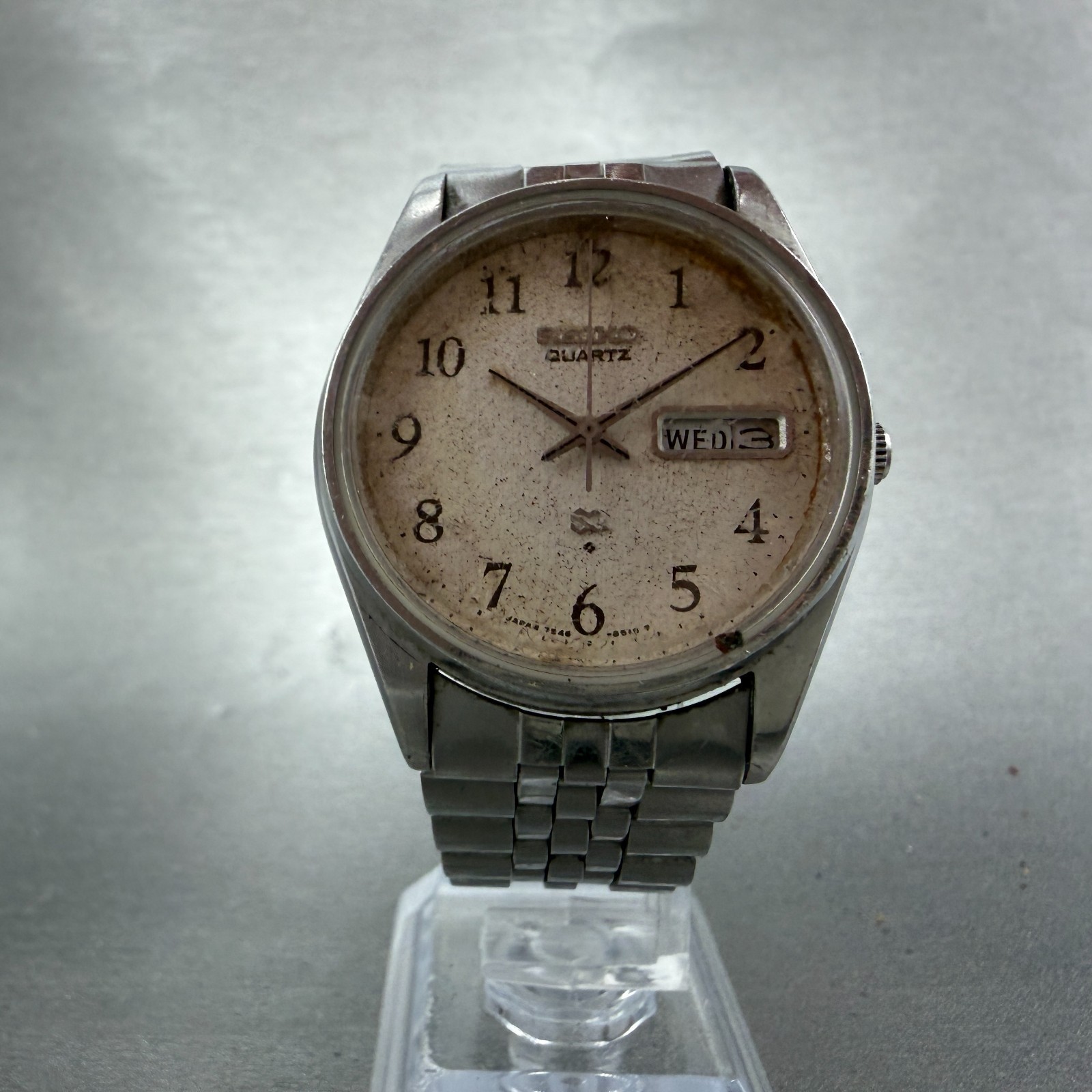 Seiko SQ Watch Men 35mm Silver Dial Silver Tone Daydate Round 7456-8399 PARTS