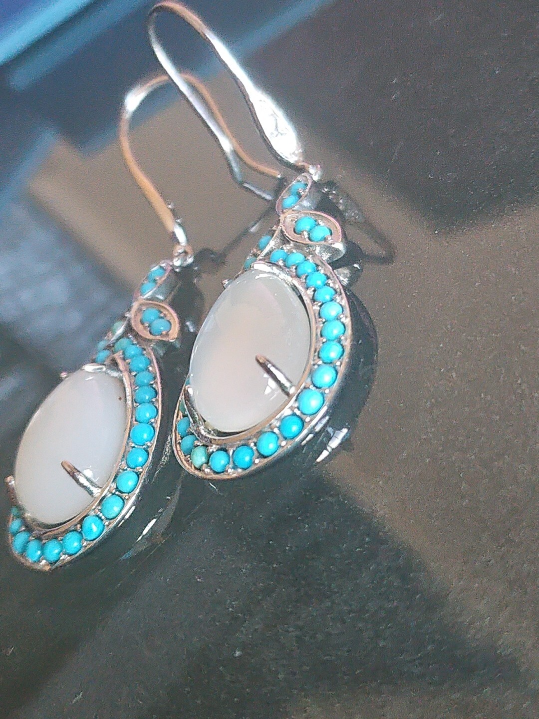 Affinity Gems Moon Stone & Blue Turquoise Sterling Silver 925 Drop Earrings NWOT