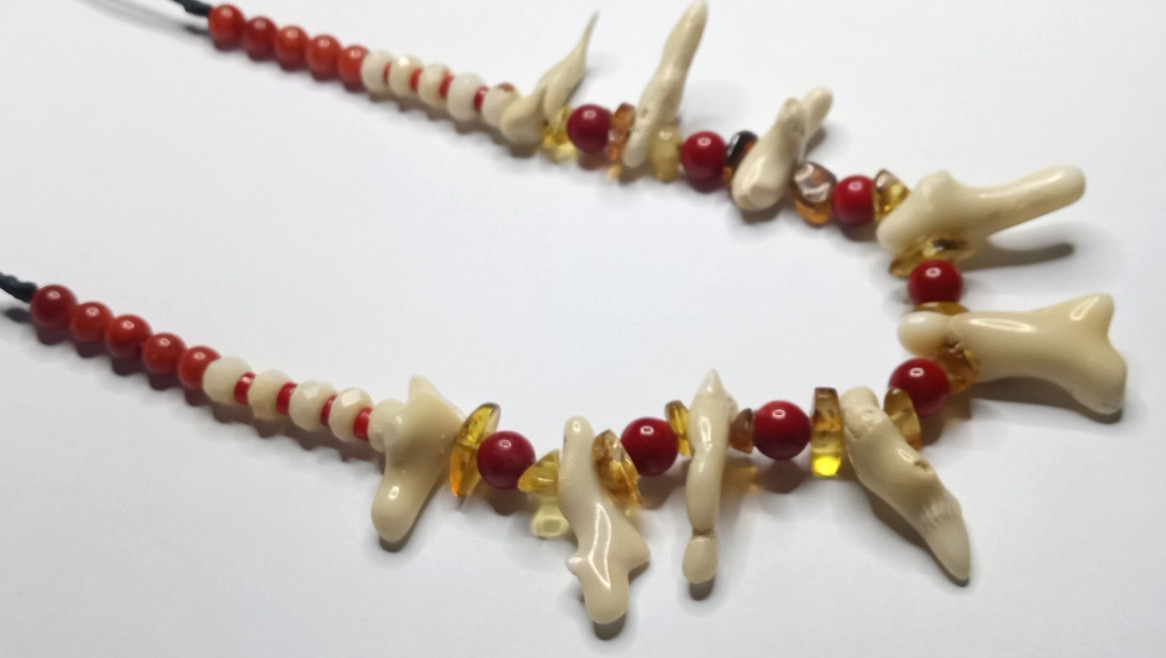 Natural White and Red Coral with Amber Adjustable Neckalce.