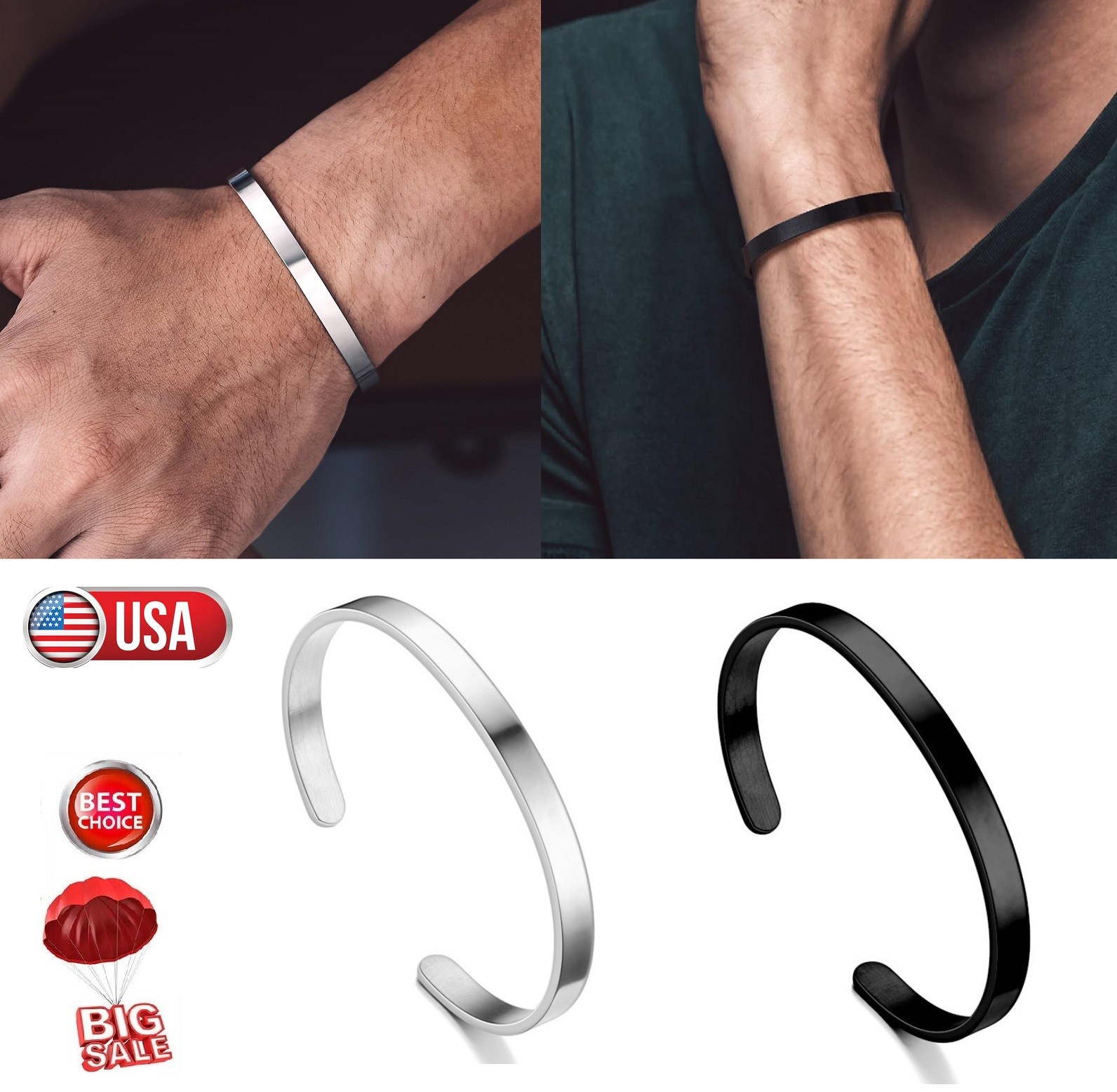 Men’s Fashion Jewelry Gold Silver Or Black Cuff Stainless Steel Bracelet Hot USA