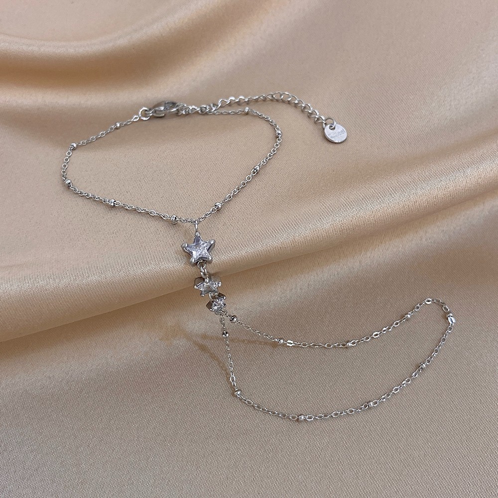 Star Finger Ring Bracelet Women Stainless Steel CZ Link Chain Hand Jewelry Gold