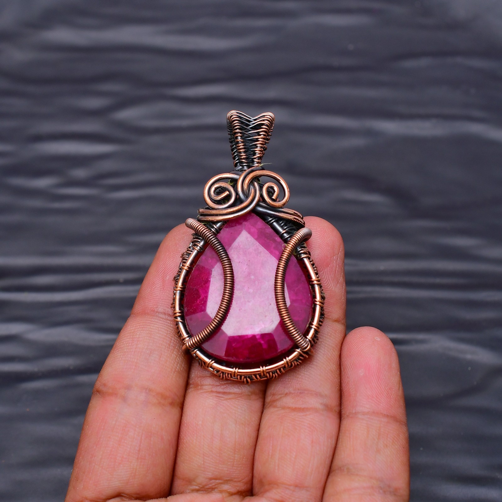 Ruby(Lab-Created) Gemstone copper wire wrapped Handmade pendant Jewelry 2.28″