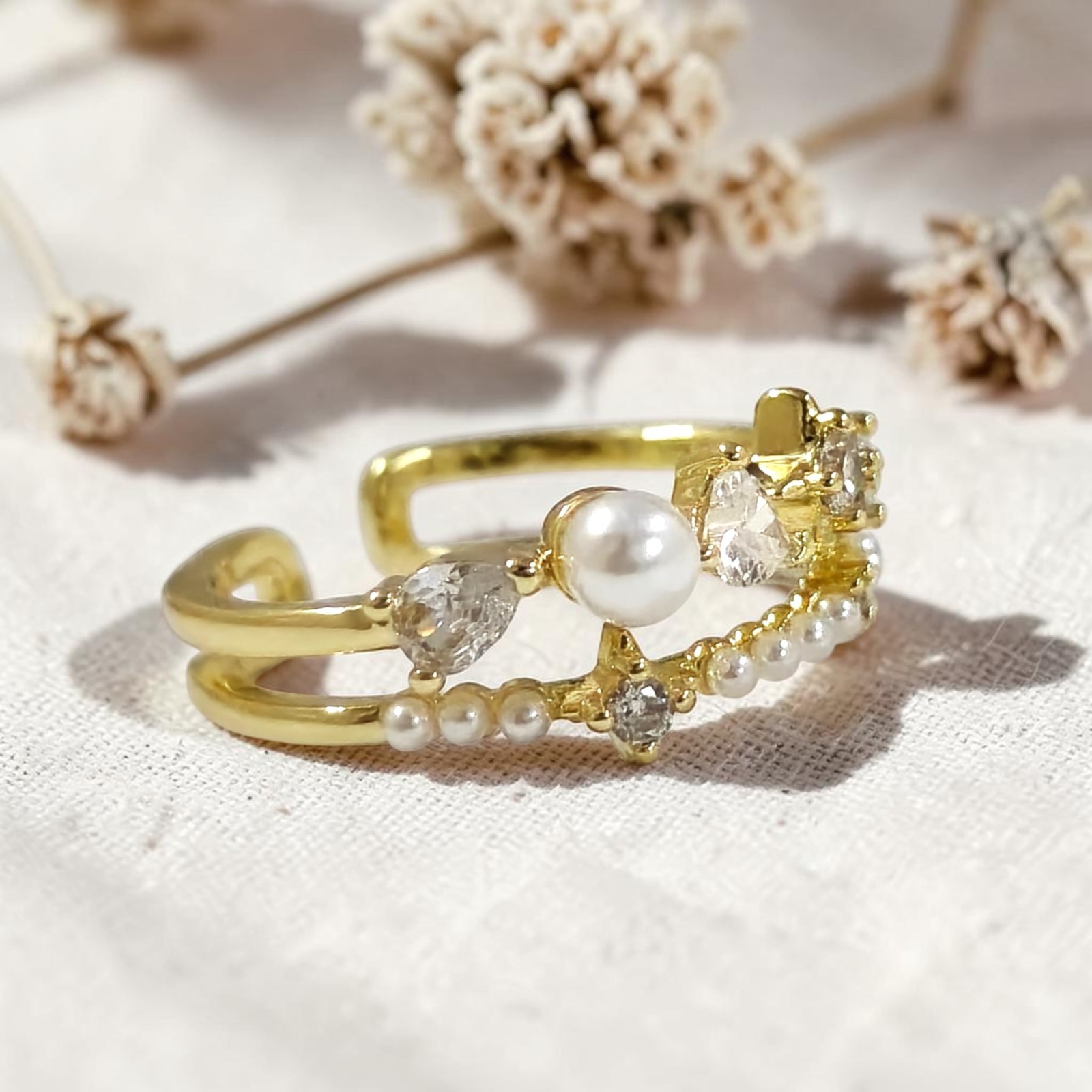 18K Gold Plated Stainless Steel Pearl Ring Heart CZ Open Adjustable Double Band