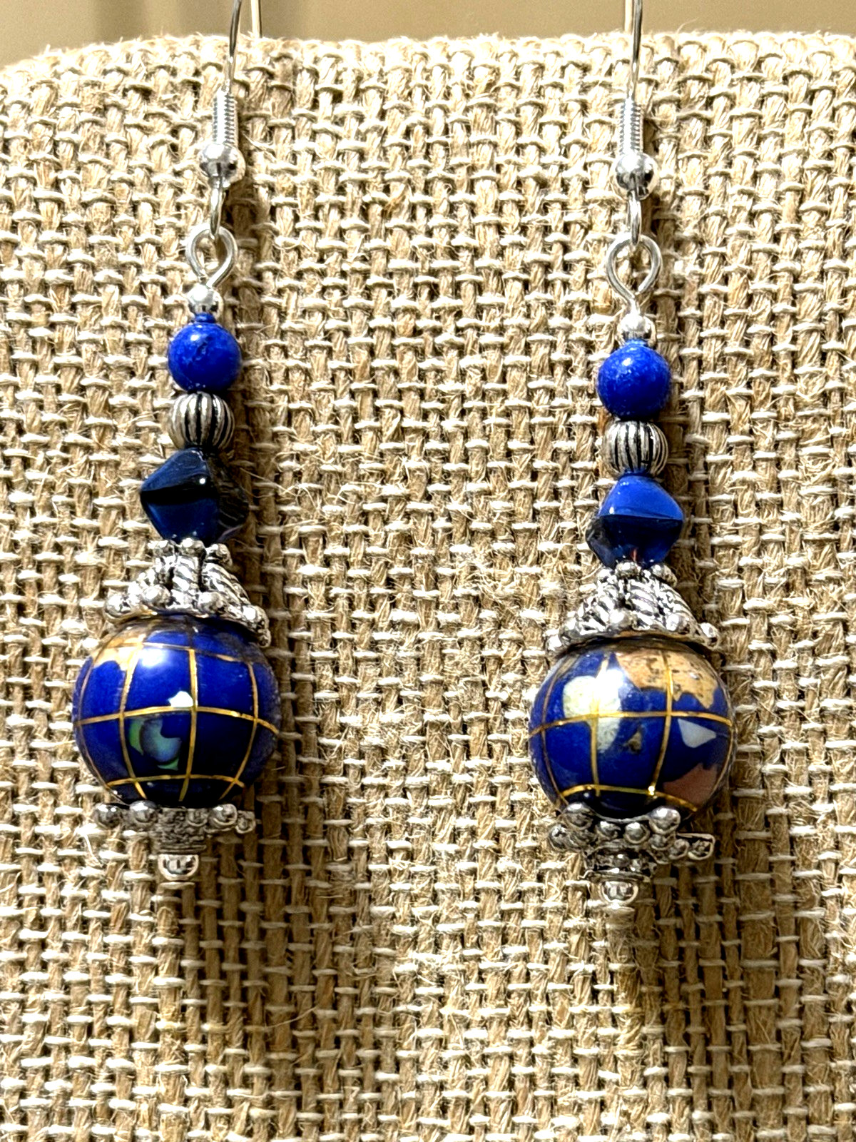 NEW ITEM*VTG.12MM BLUE LAPIS GEMSTONE INTARSIA GLOBE EARRINGS .925 EAR WIRES-NEW