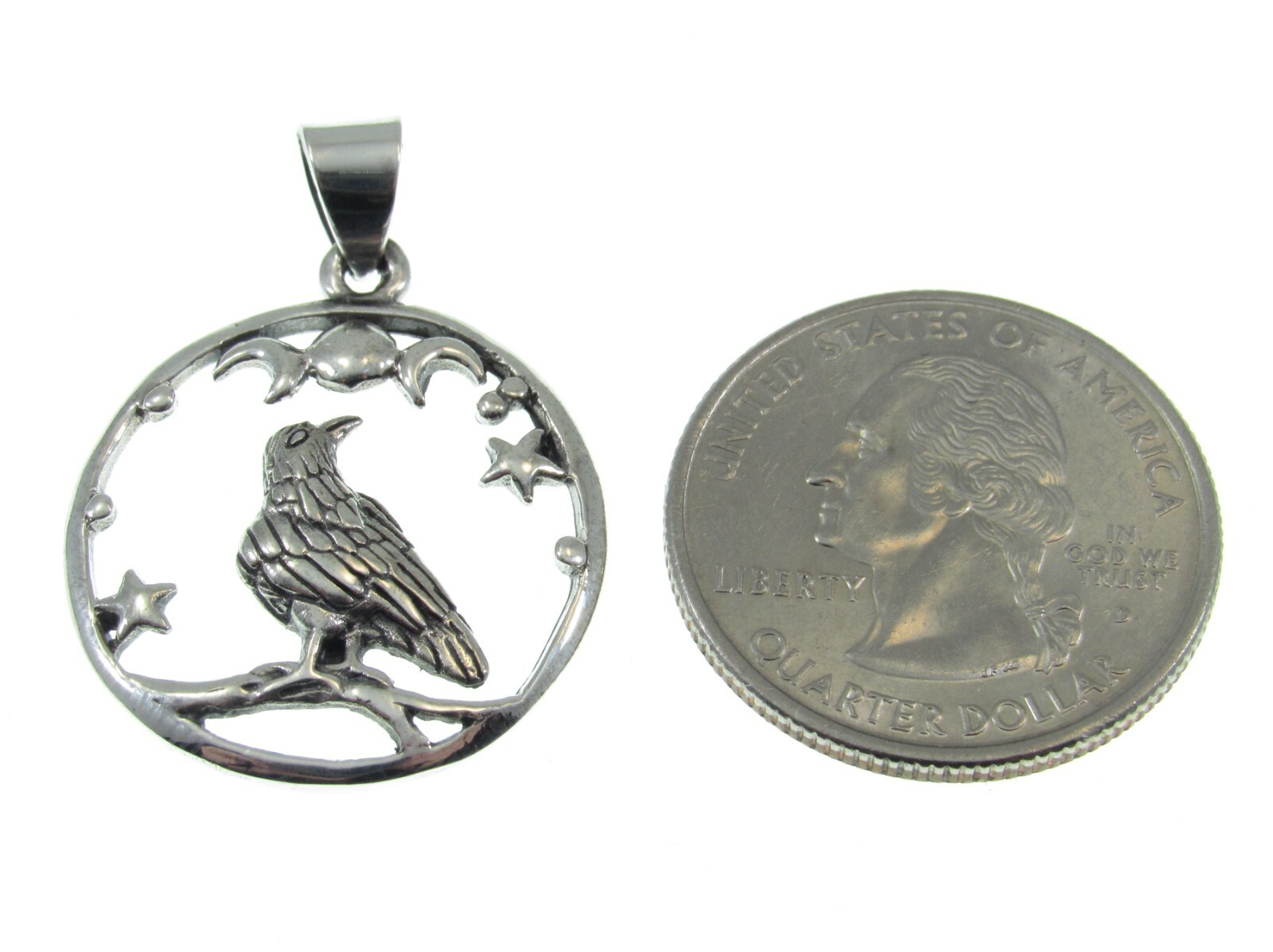 Handcrafted Solid 925 Sterling Silver Raven Triple Moon & Stars Pendant