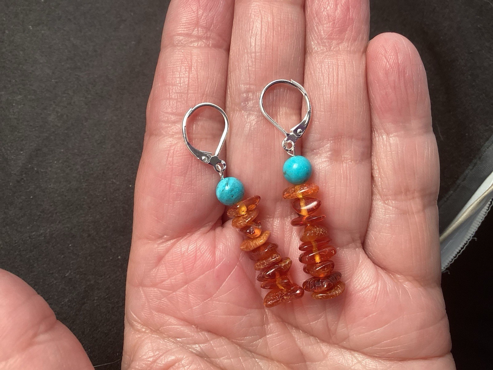 Sterling Silver Turquoise and Amber Beaded Lever back Earrings