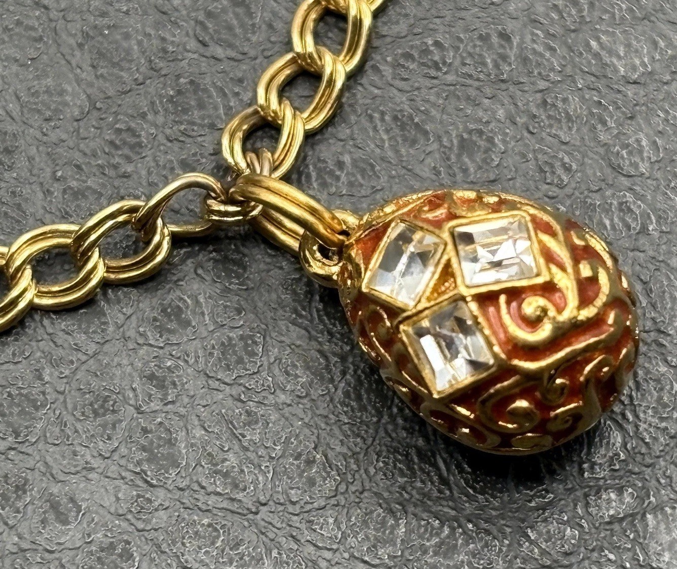 VTG Gold Tone Enamel Egg Charm Bracelet Clear Crystal Accents Double Link Chain