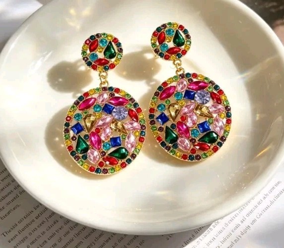Round Cluster Earrings, Multicolor Faux Stones Of Crystals, Rinestones Gems