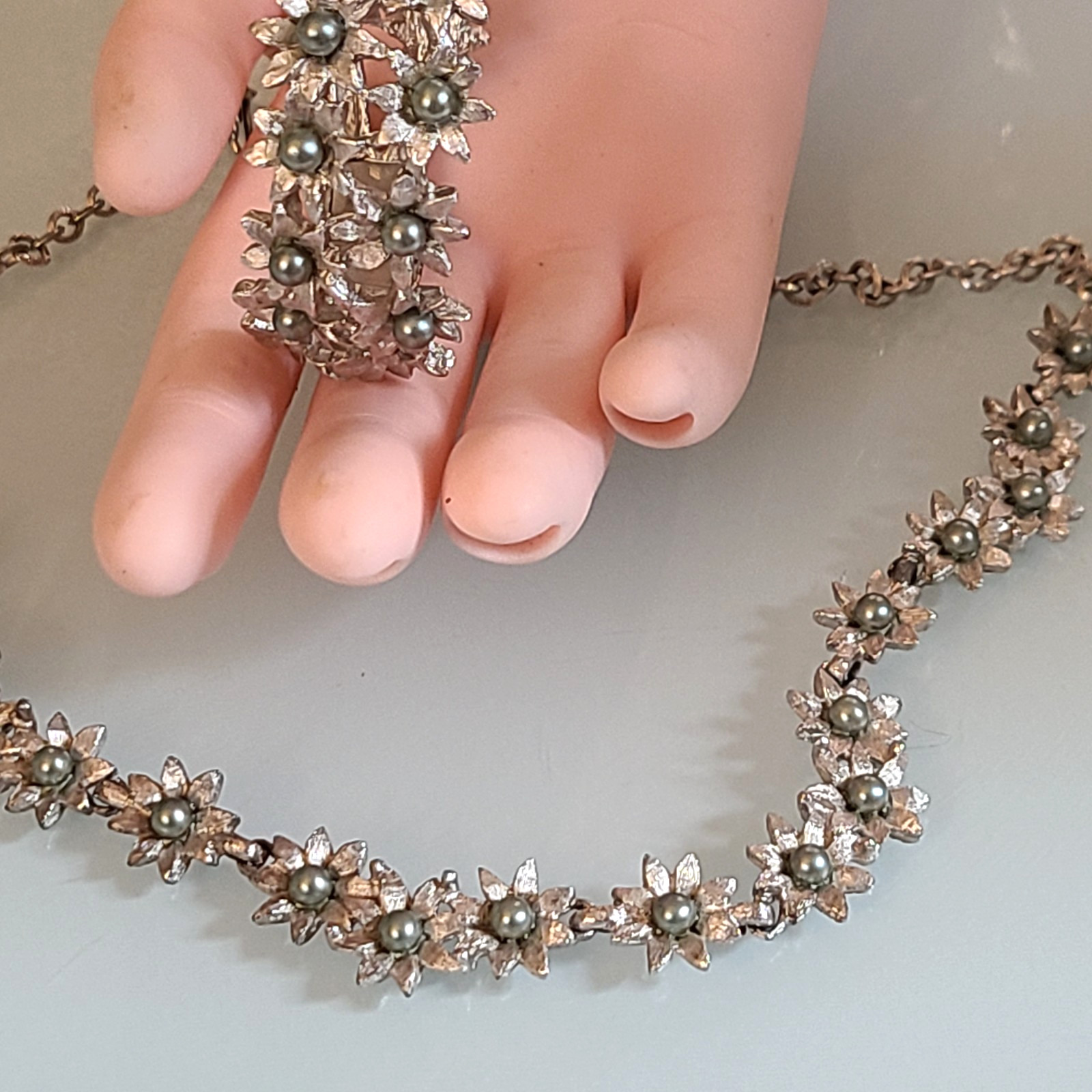 Vintage Marboux BOUCHER Floral Clamper Bracelet Necklace Set Grey Green Pearl