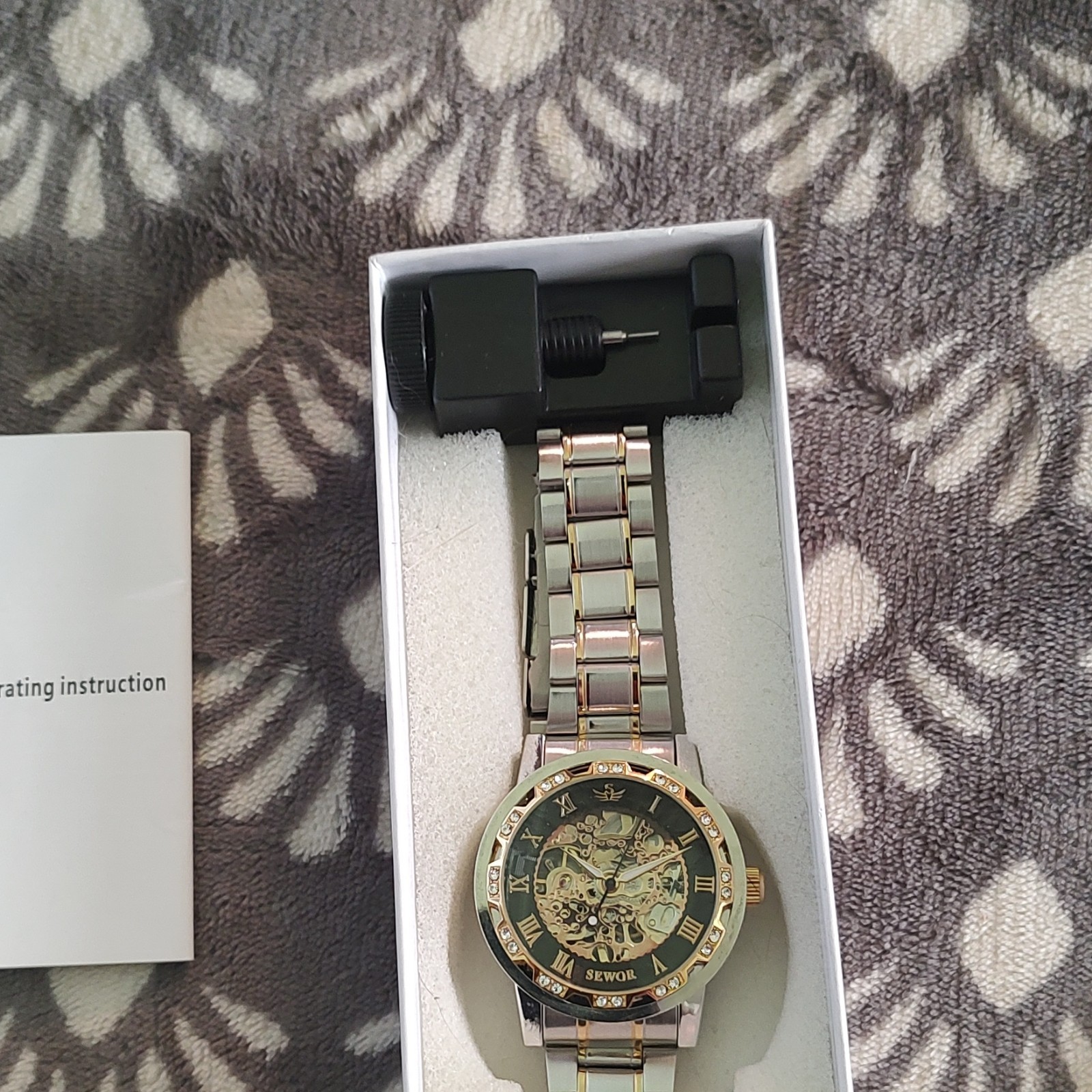 SEWOR Automatic Skeleton Dial Roman Numerals Two-Tone Metal Bracelet w/ Box