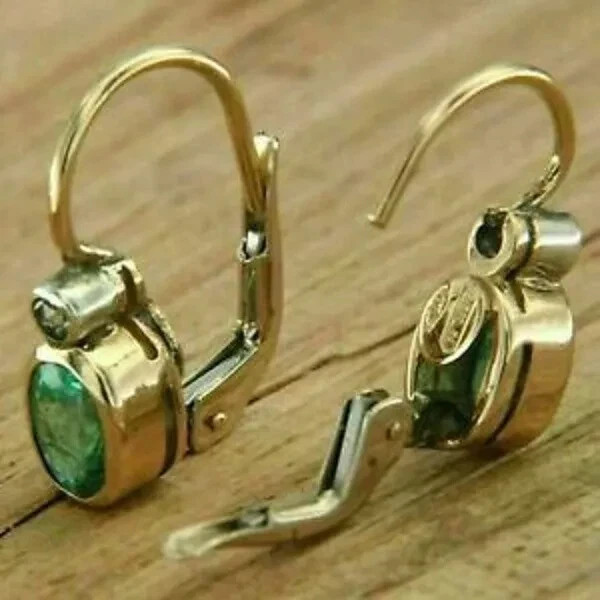 3Ct Oval Cut Simulated Green Emerald Bezel Drop Dangle Earrings 14k Gold Plated