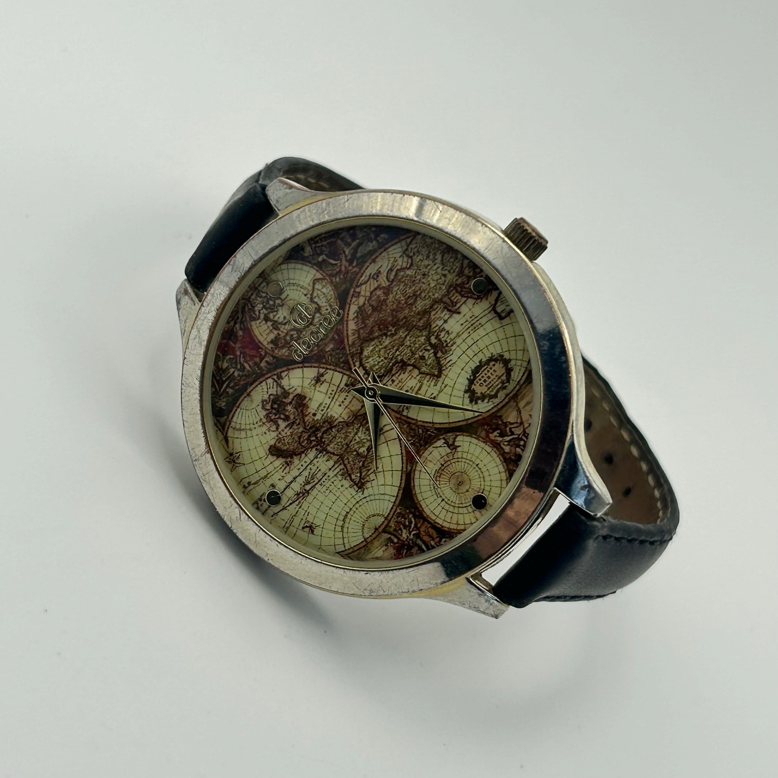 Decree World Map Dial Silver Black Leather Watch Working New Battery