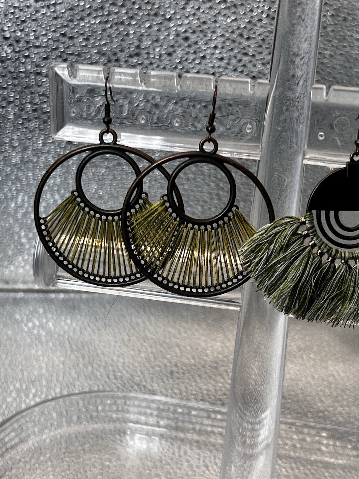 set of two pairs of black and olive green boho fringe and tassel earring