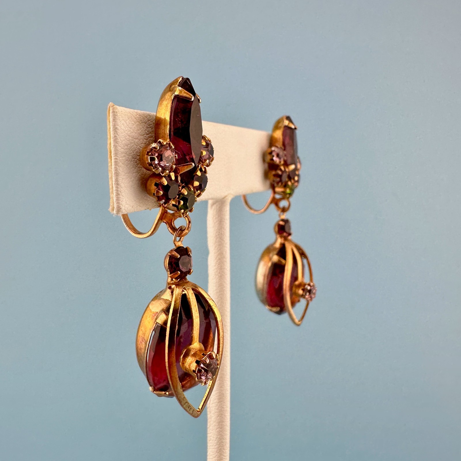 Vintage Purple Rhinestone Dangle Earrings Rose Gold Tone Clip On Prong Set