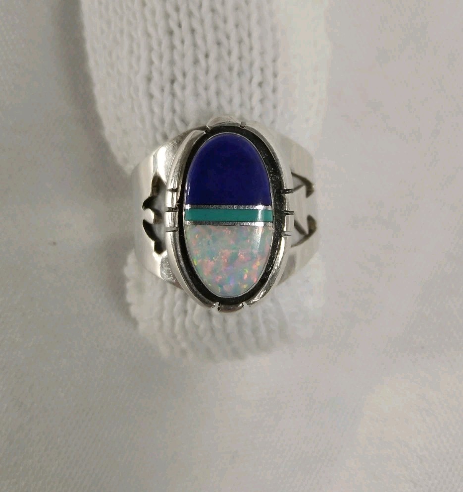 Navajo Inlay Sterling Silver Ring Lapis Opal Turquoise Signed JP Southwest Nice