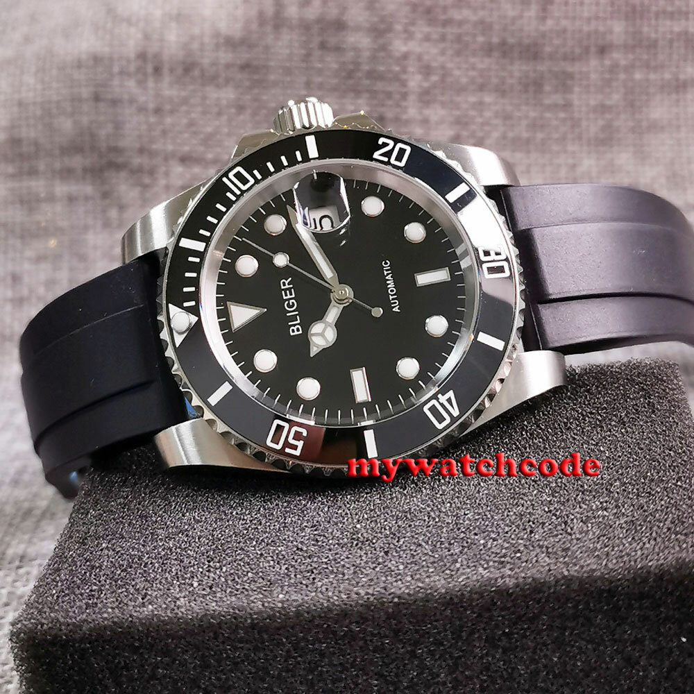 40mm Bliger Black Dial Sapphire Glass Rubber PT5000 NH35A Automatic Mens Watch