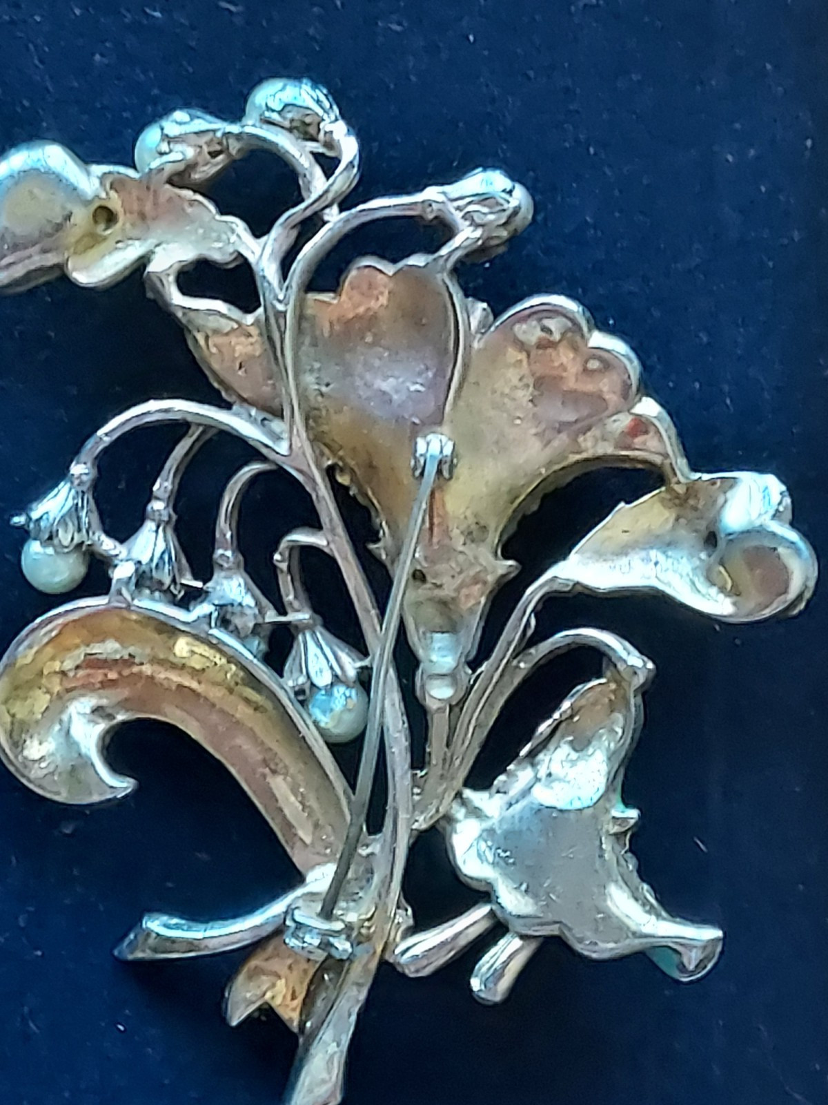Vintage Blue Green Enamel Rhinestone Pearl Flower Brooch Pin “B” Boucher?