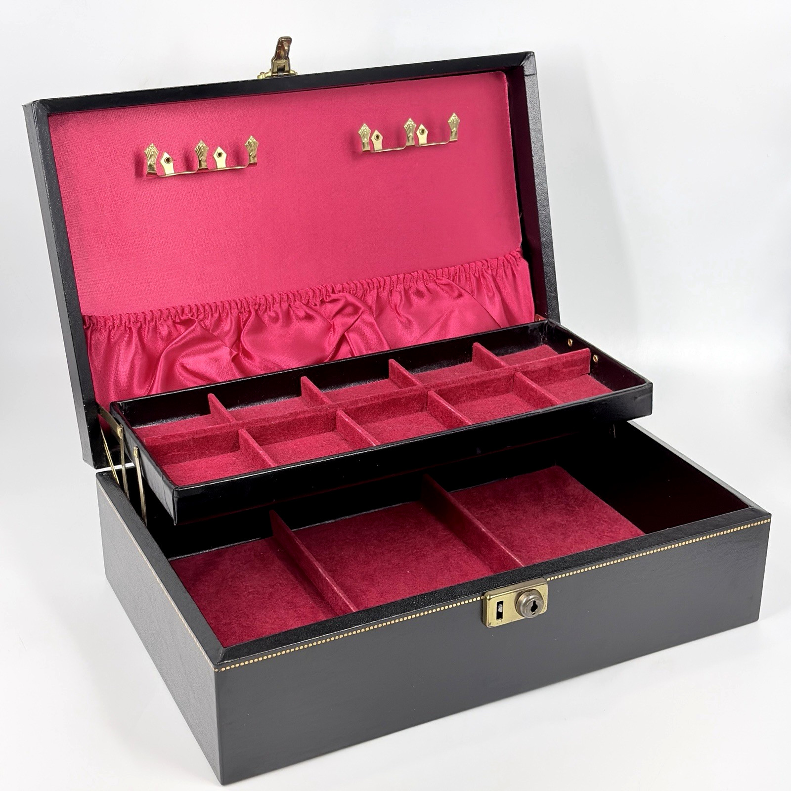 Vtg Black 2 Tier Jewelry Box Gold Clovers Dots Red Velvet Satin Lining NO Key