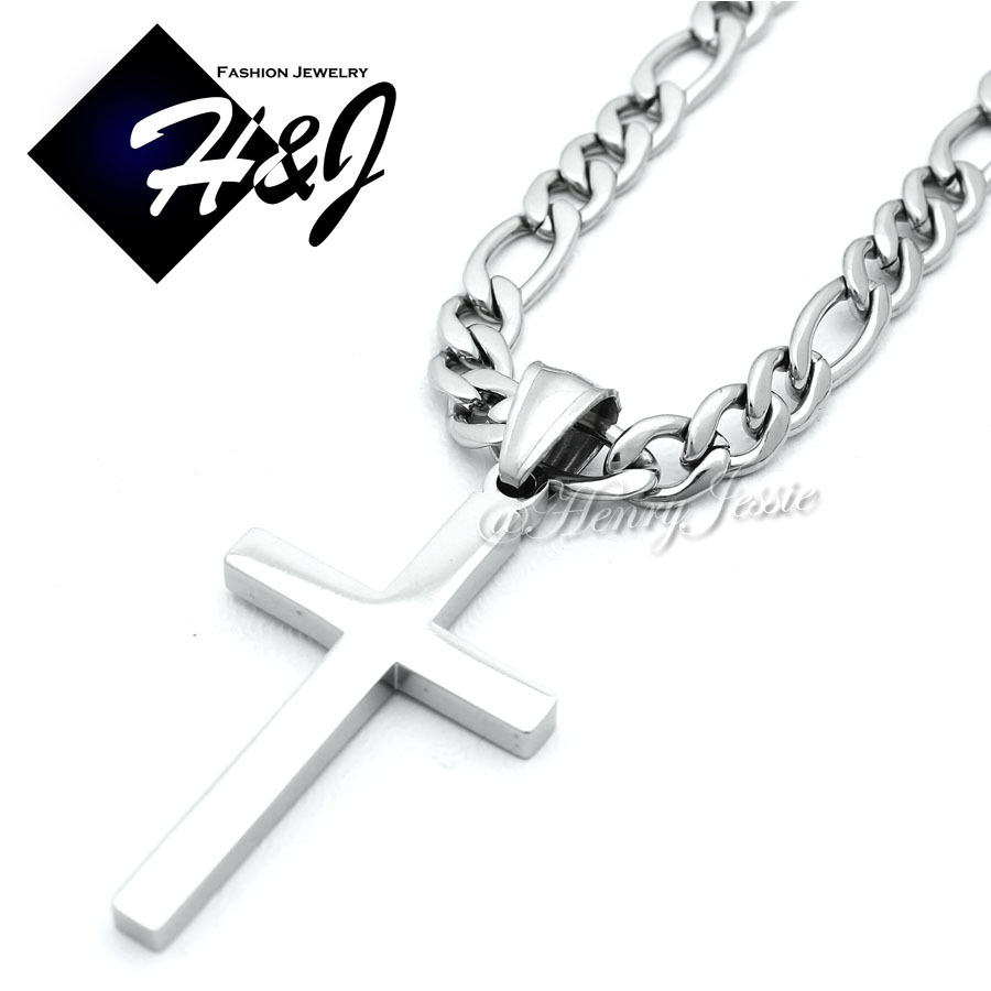 18-36″Stainless Steel 3.5/4.5/5.5mm Silver Figaro Link Necklace Cross Pendant*SP