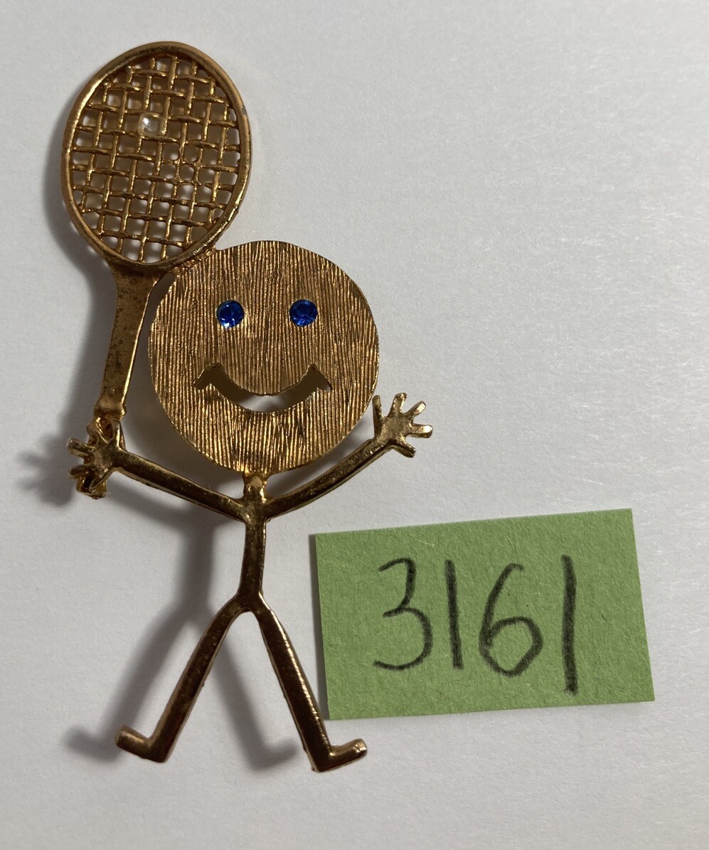 Tennis Racket Player Pin Brooch Anthropomorphic Blue Rhinestone Eyes