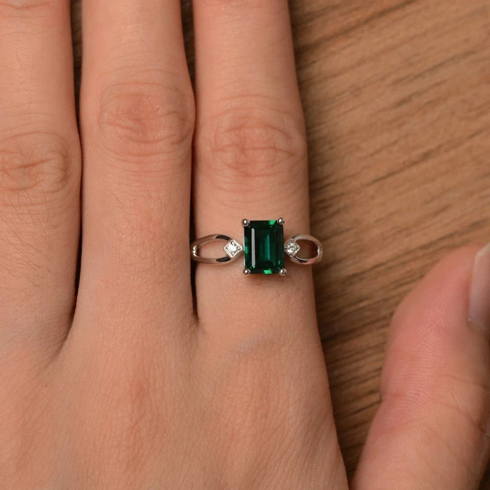 2.00 Ct Emerald Cut Natural Emerald & Diamond Wedding Ring 925 Sterling Silver