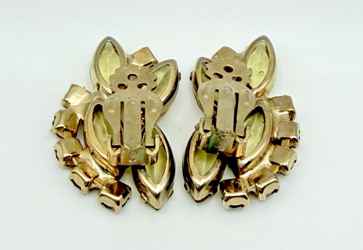 Vintage D&E Juliana Attributed Yellow Navette Topaz Rhinestone Clip Earrings