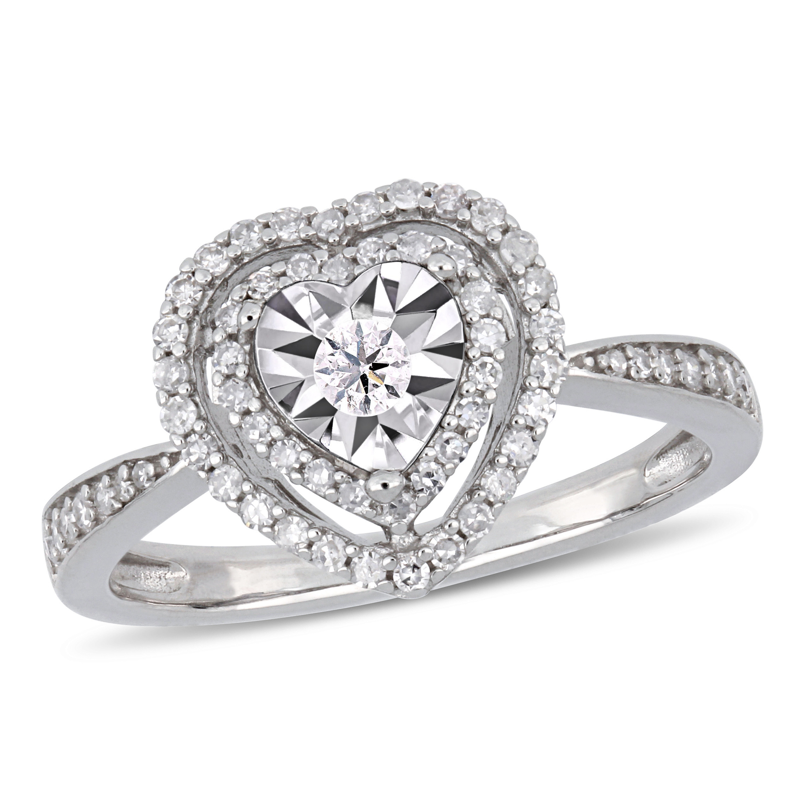 Amour Sterling Silver 3/8CT TDW Diamond Floating Heart Halo Engagement Ring
