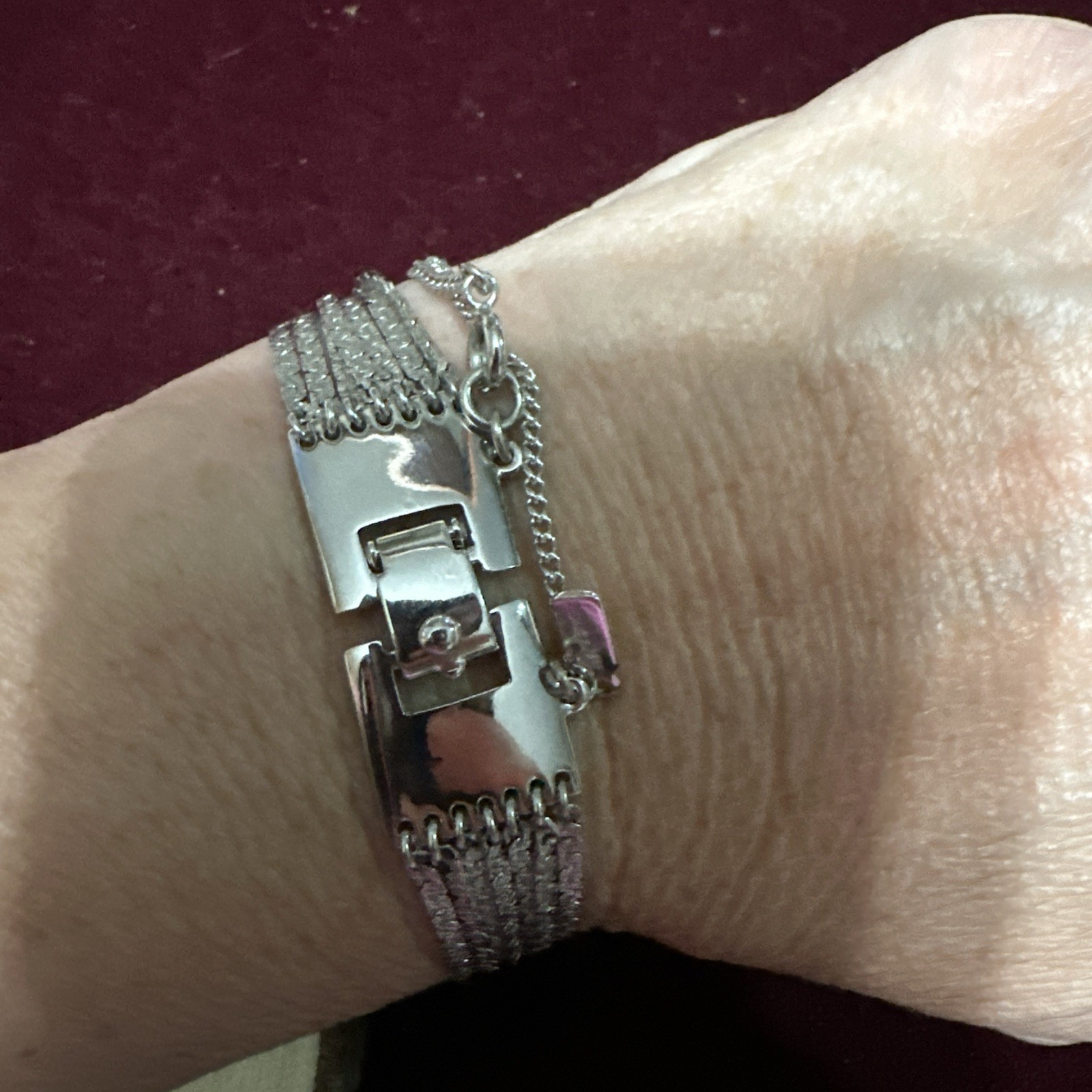 Vintage Monet Multi Strand Silver Tone Chain Bracelet with Safety Chain New