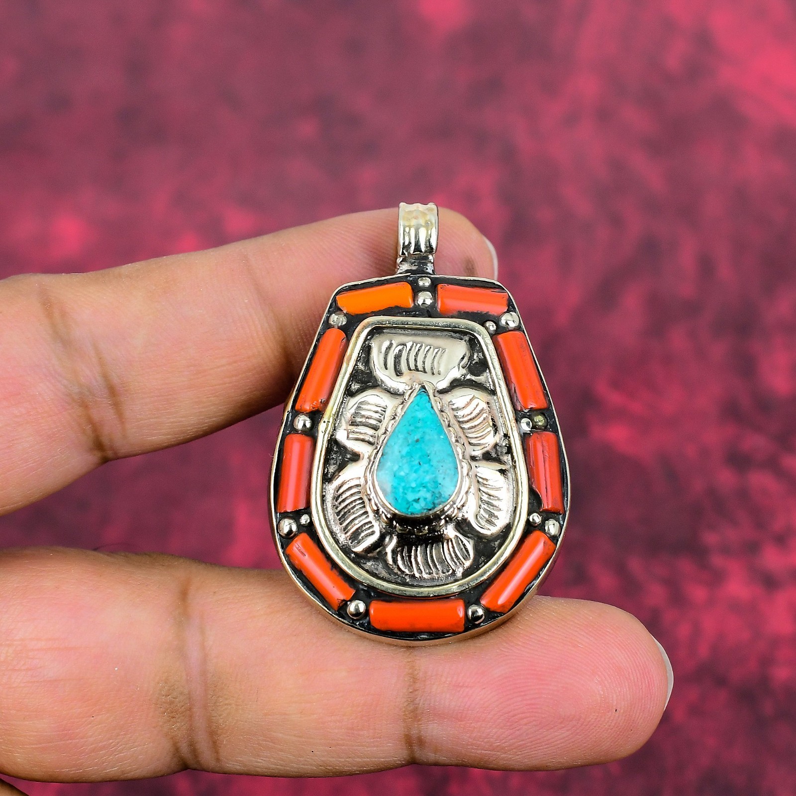 Coral ,Turquoise Gemstone Handmade 925 Sterling Silver Bohemian Jewelry Pendant