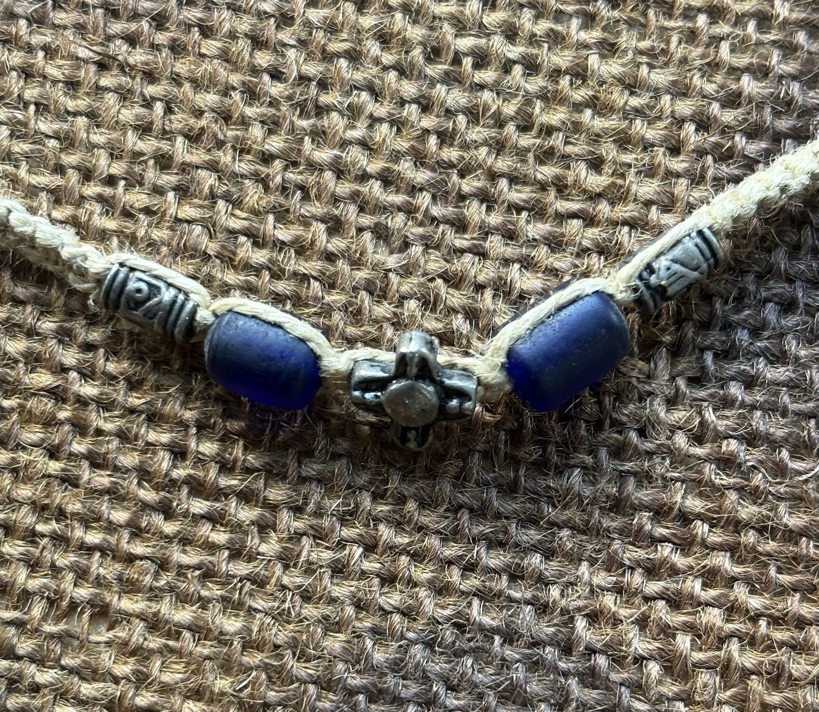 Hemp Cross Pendant Beige Cord Blue Glass Bead Choker Necklace Adjustable Tie