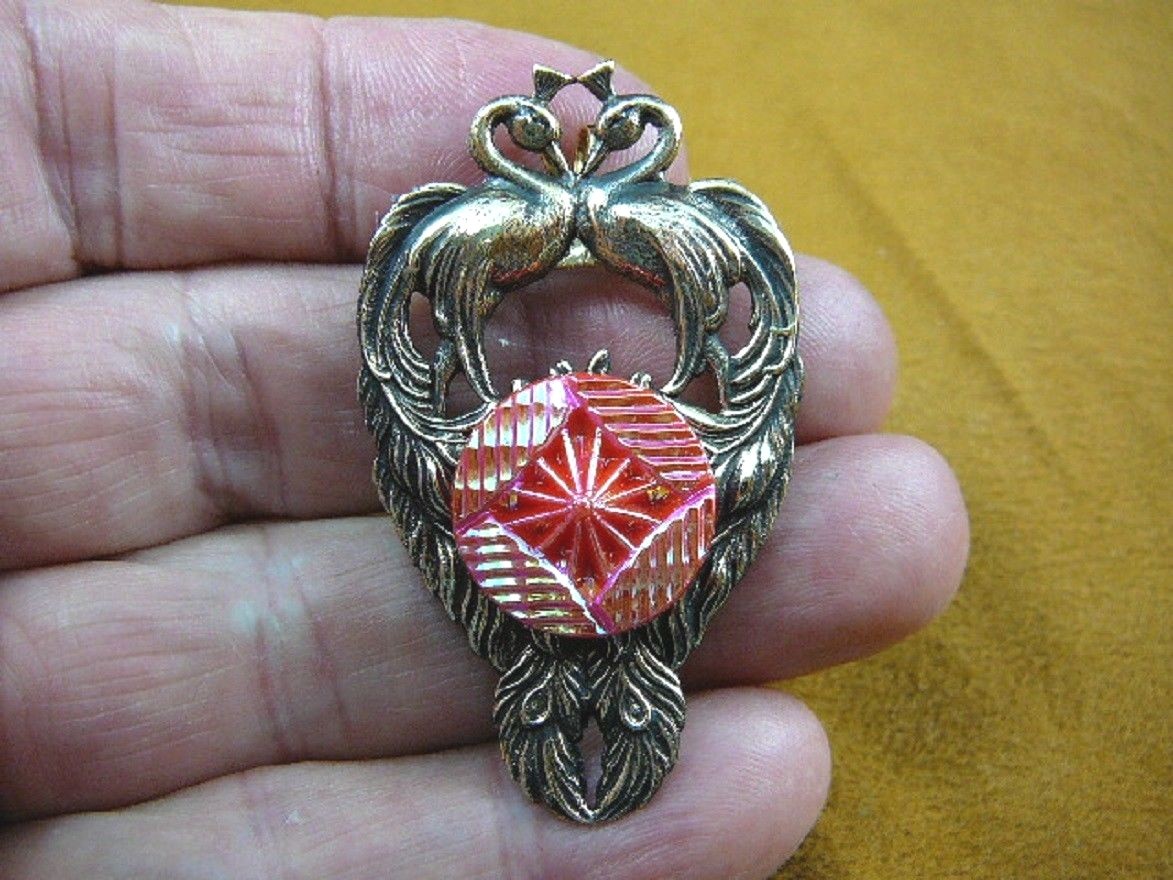 (Z18-313) red pink geometric textured Czech glass button peacock pin brooch