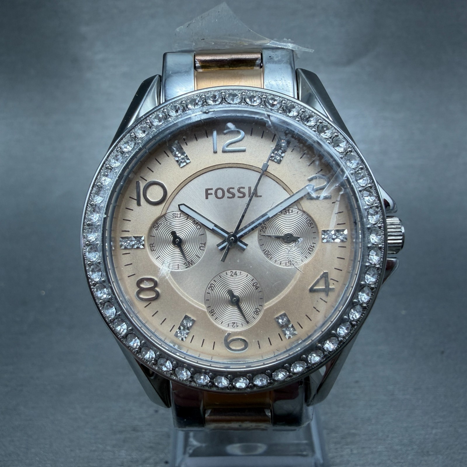 Fossil Riley Watch Women 38mm Rose Dial Two Tone Daydate Round ES4145 New Batt