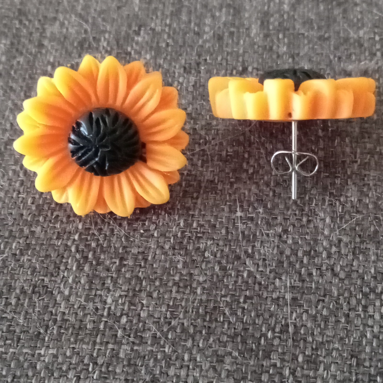 Yellow Black Sunflower Flower Stud Earrings Pair, Resin, Butterfly Back, Lobe
