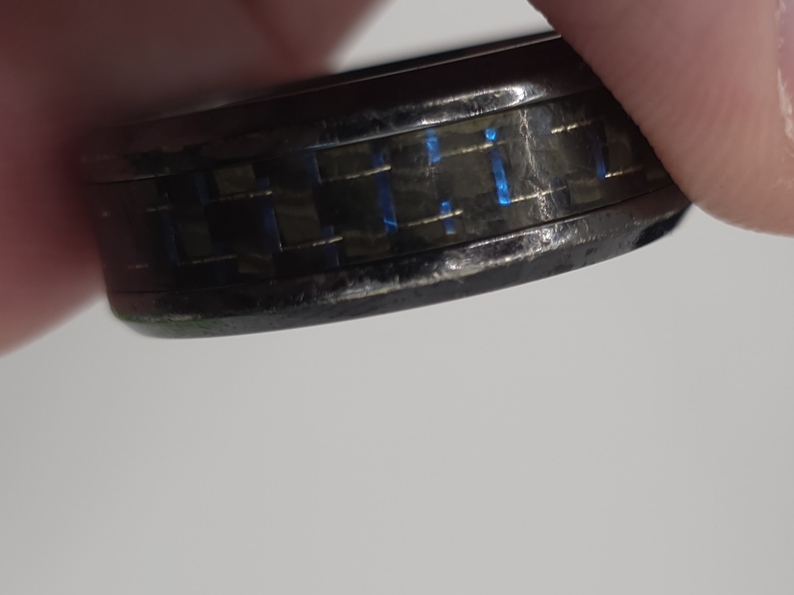 Triton Titanium Wedding Band Ring Approx Size 11 8mm Carbon Fiber Blue Inlay Box
