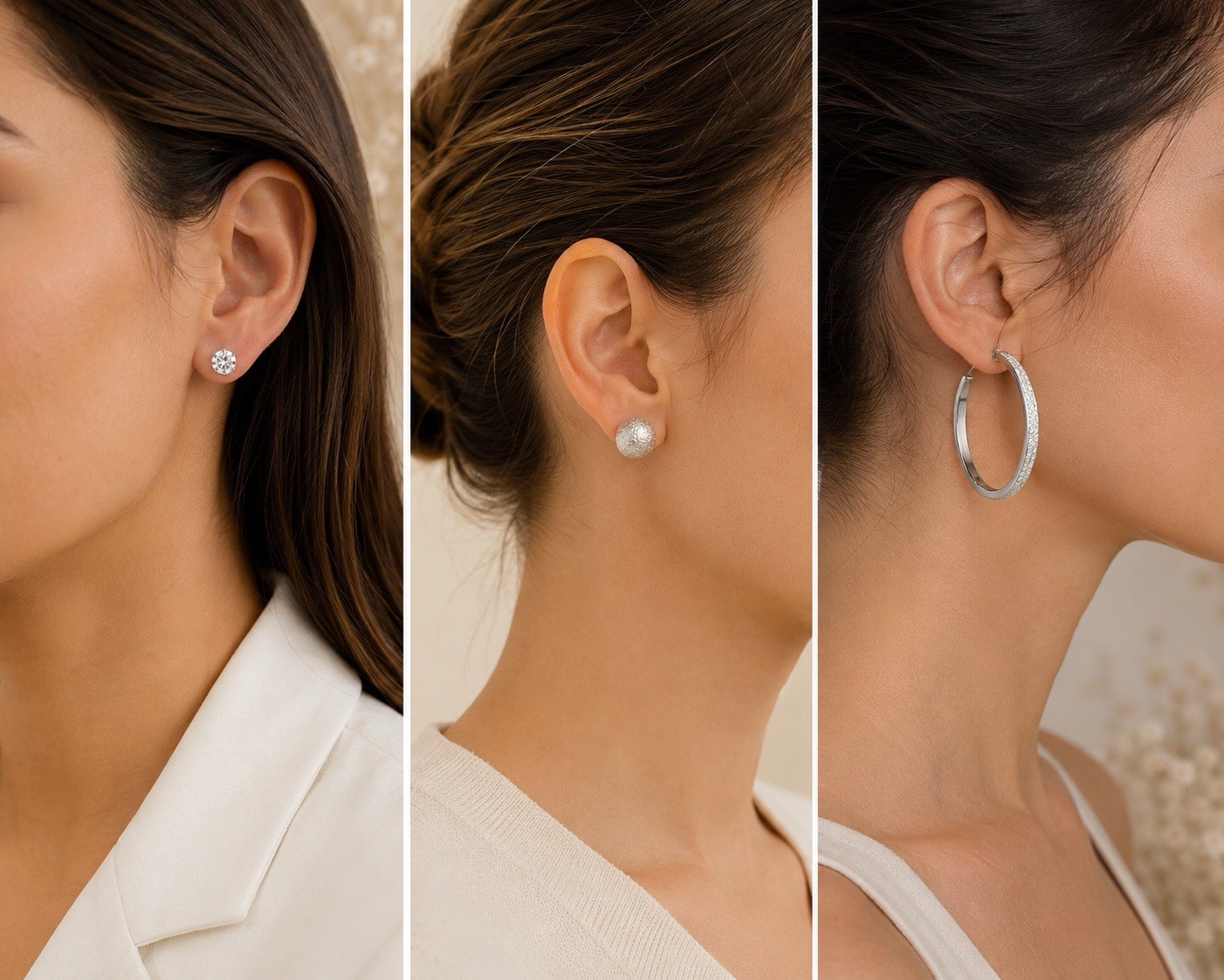 3 Pair Silver Tone Earrings Set Hoop Stud Textured Ball Gift Box Included