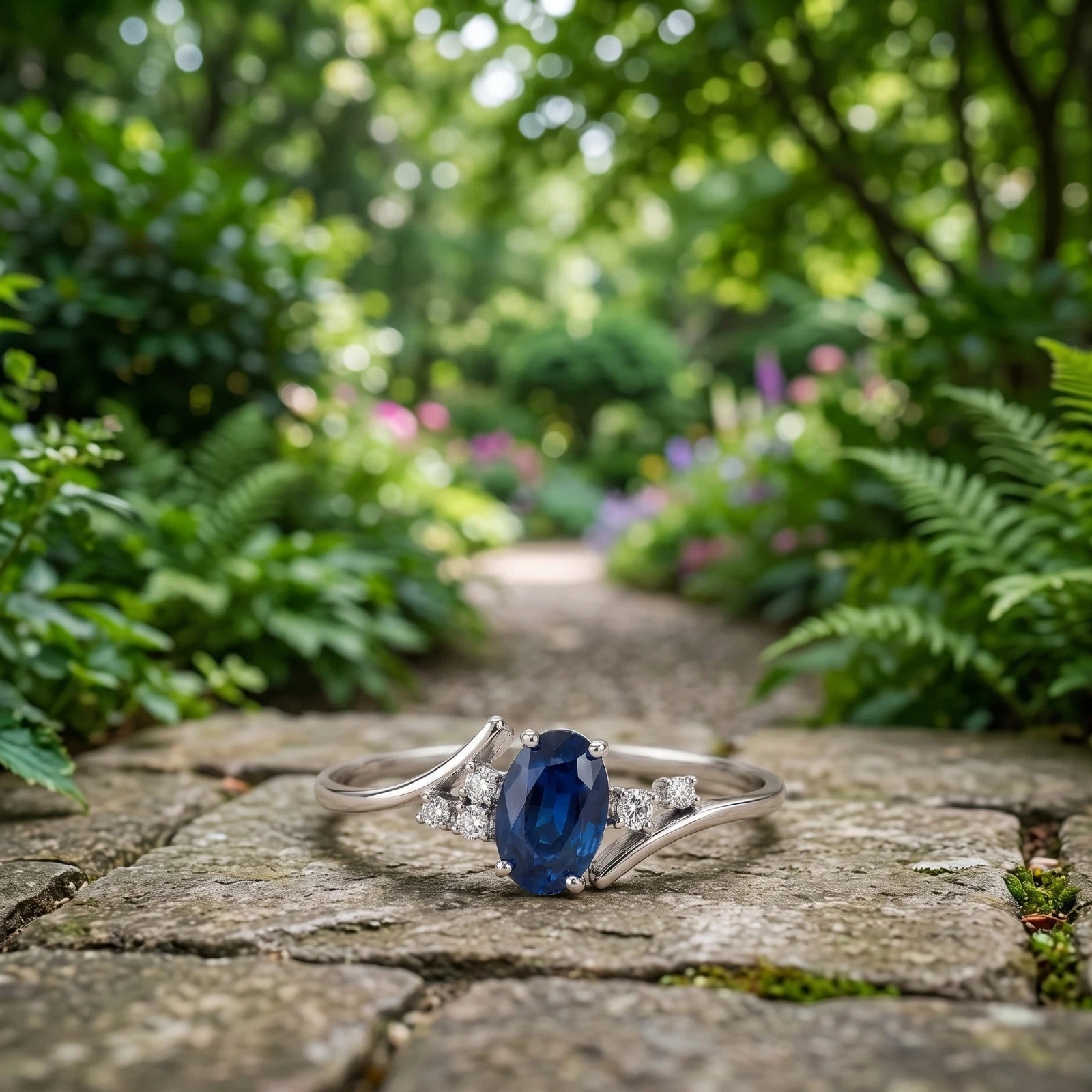 2.80Ct Oval Cut Natural Blue Sapphire & Diamond 14K White Gold Engagement Ring