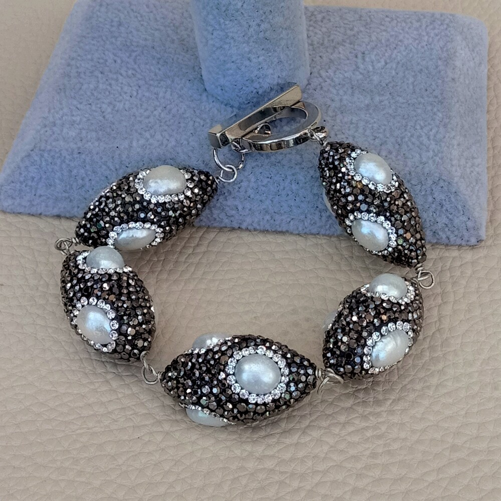 8.5″ Freshwater Cultured White Pearl Black Rhinestone Pave Olive shape Bracelet