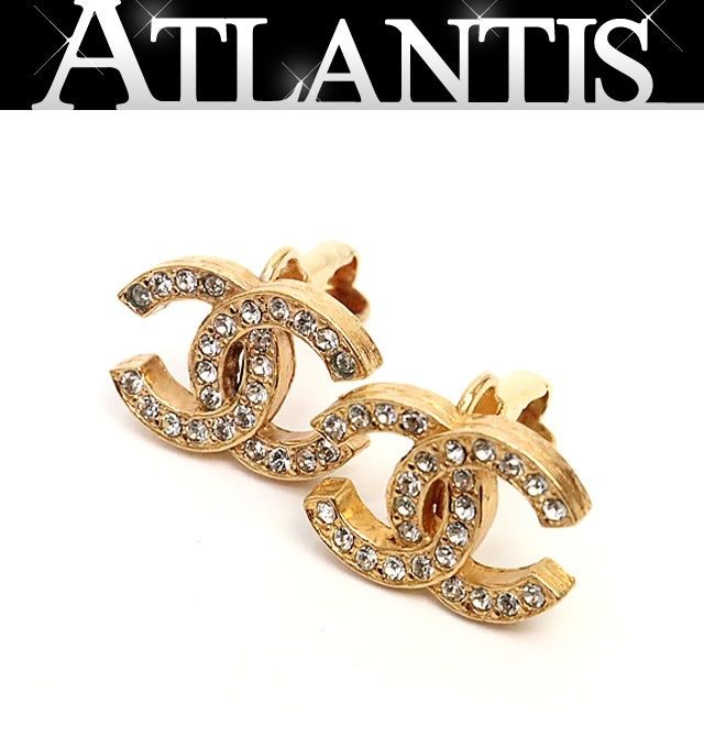 CHANEL CC Logo Coco Mark Earrings Gold Rhinestone Clip On No Box Vintage