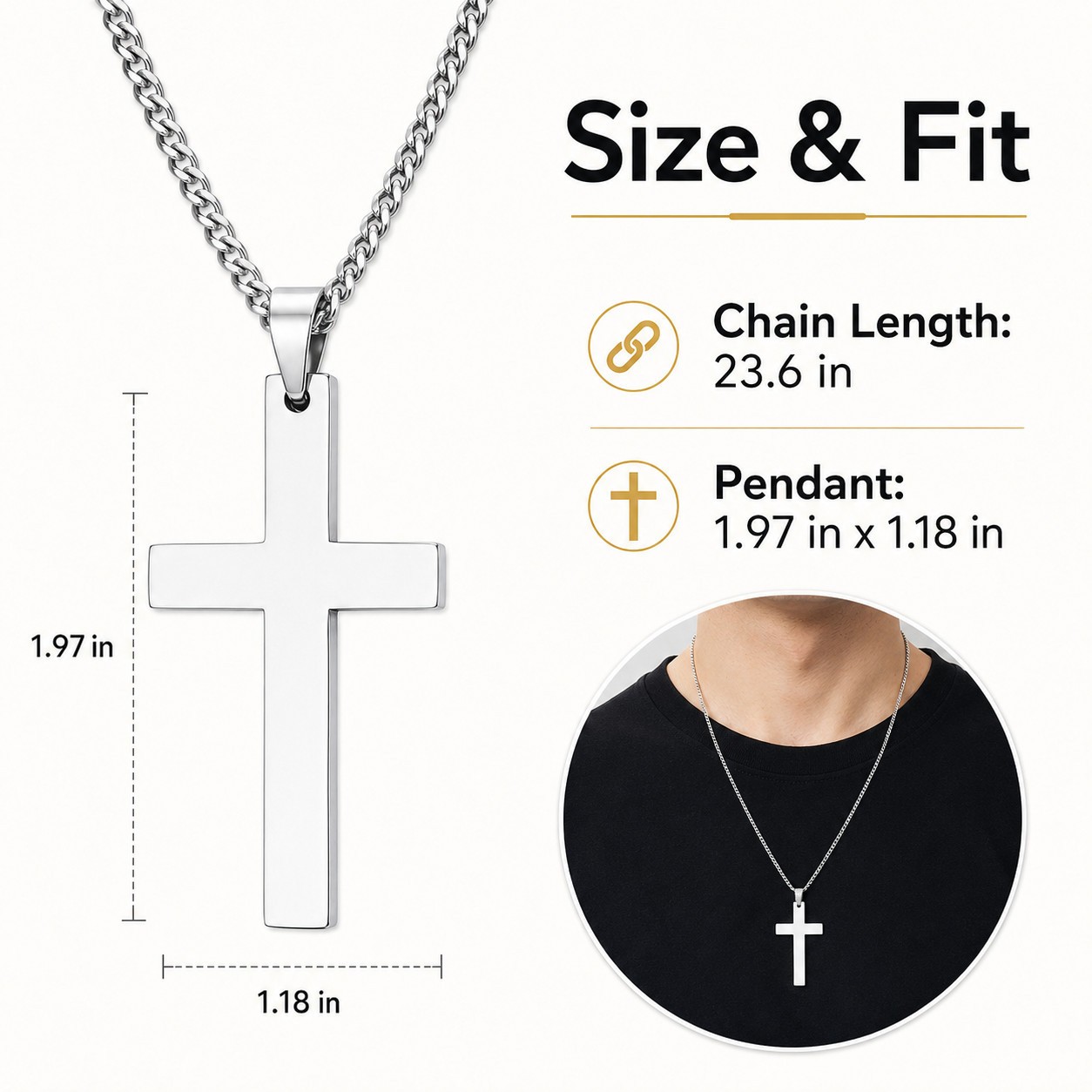 Cross Pendant Necklace Men Women Cuban Link Chain Stainless Steel Gold Silver
