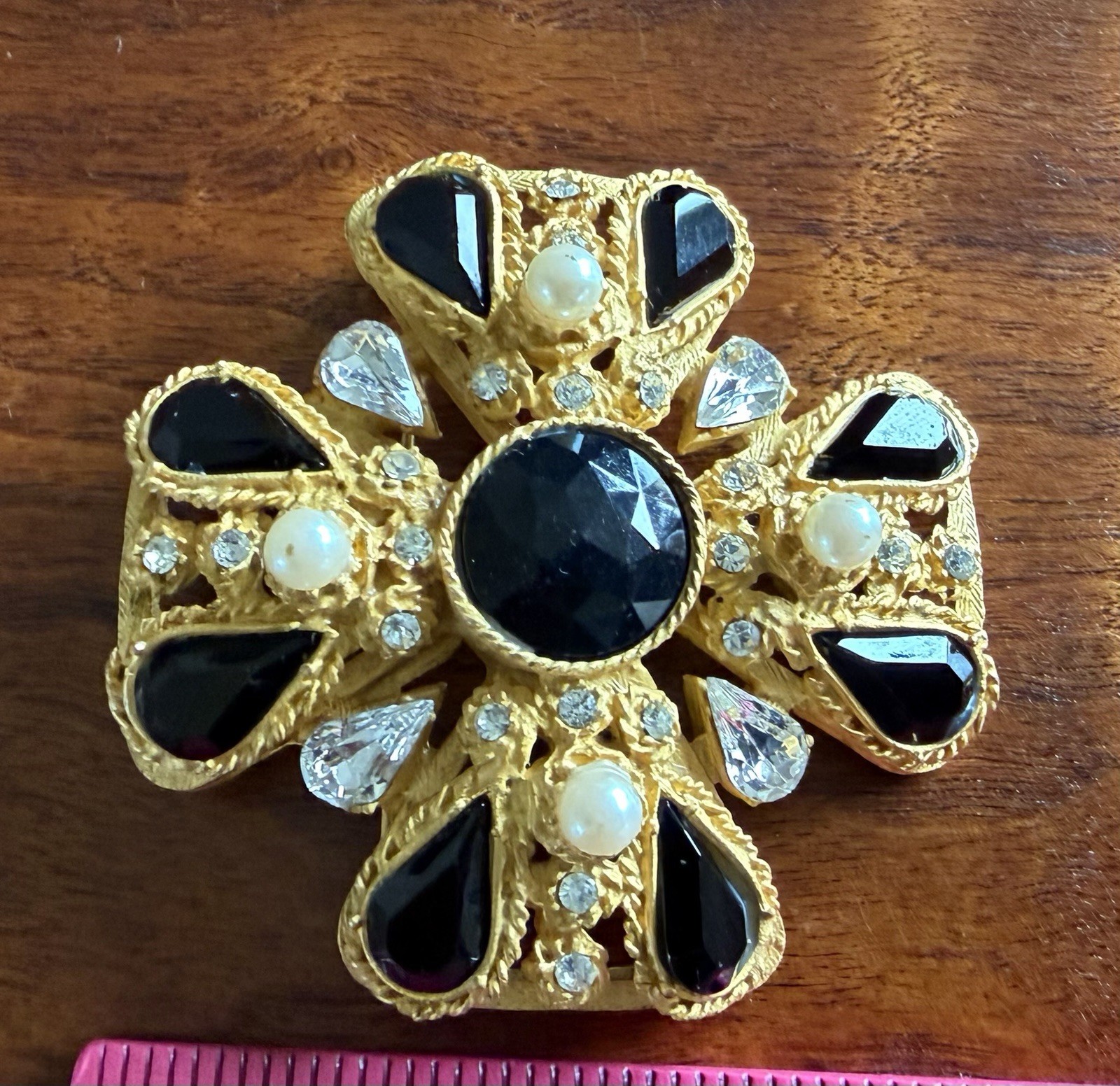 Vintage Ann Taylor Maltese Cross Rhinestone Pearl Brooch Pin Matte Gold Tone
