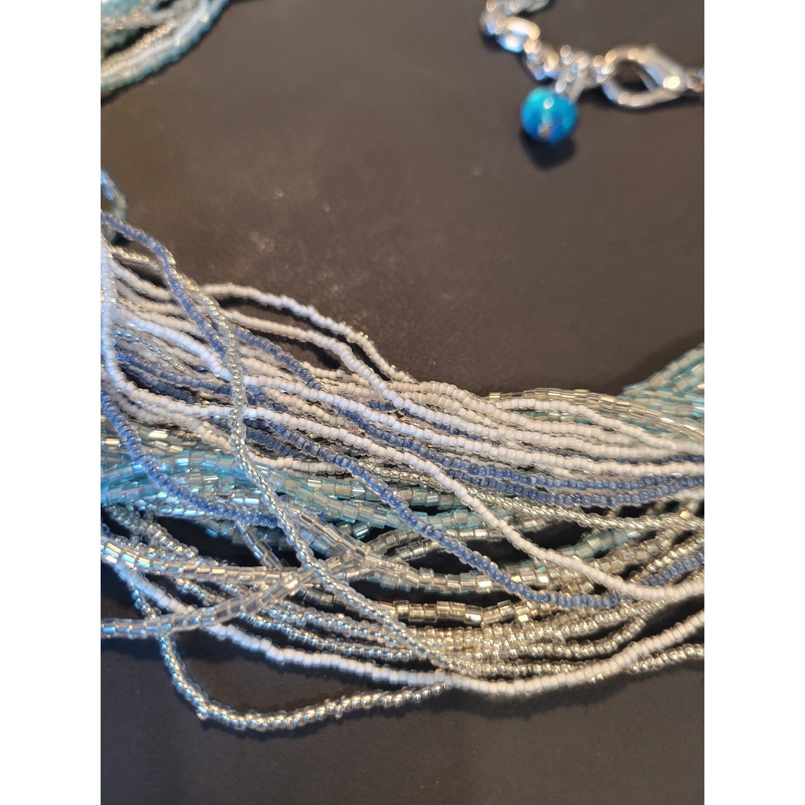 Blue White Silver Multi Strand Seed Bead Necklace with Heart Charm Extender 23″