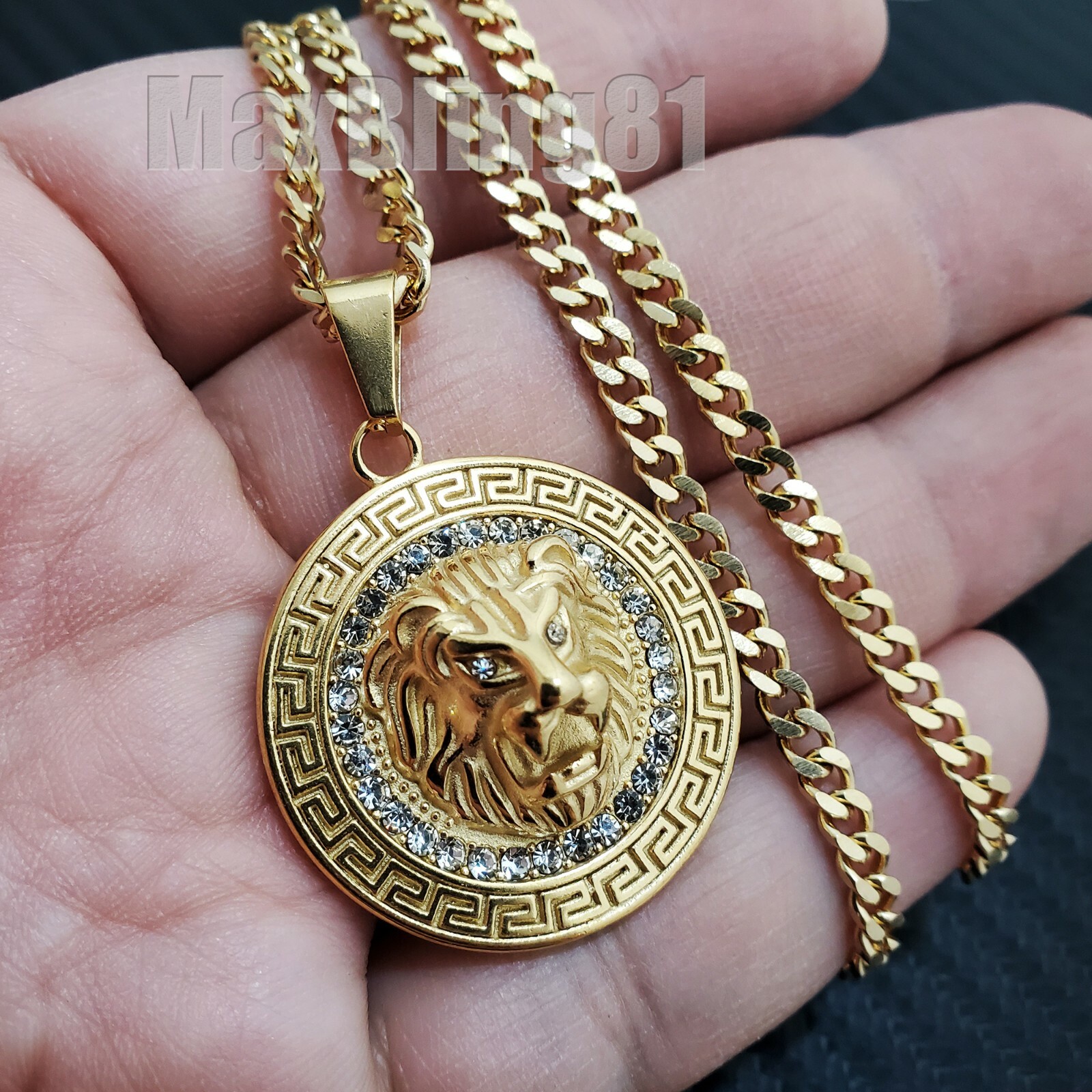 Hip Hop Stainless Steel Lion Head Charm & 3mm 18″ 20″ 24″ Cuban Chain Necklace