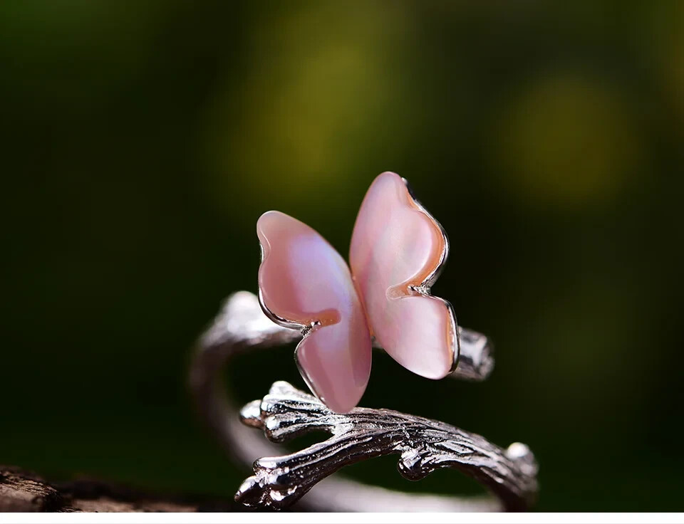 Nature Inspired Mother of Pearl Pink Butterfly Ring 925 Sterling Silver
