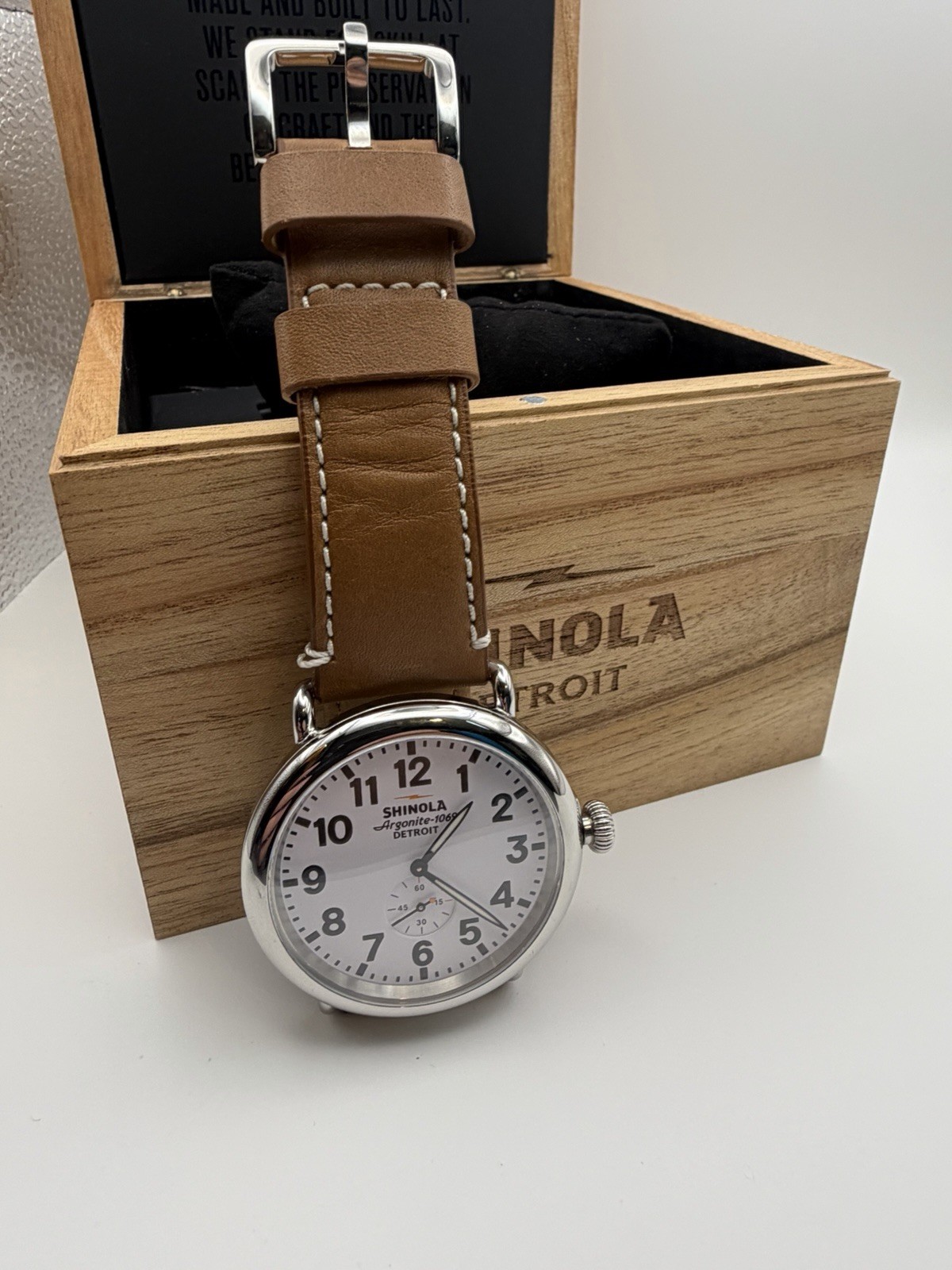 Shinola Argonite 1069 47mm Quartz White Dial Brown Leather Strap w/ Box