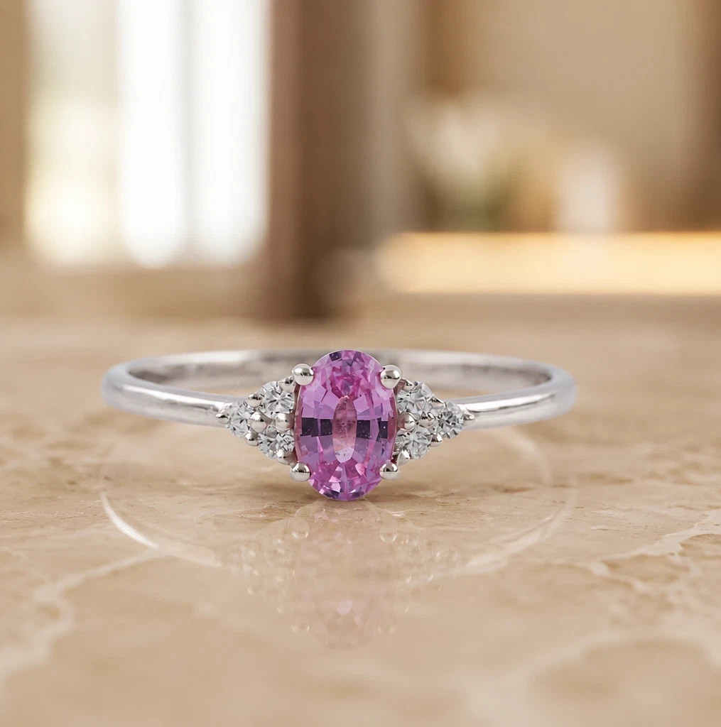 5.30 Ct Natural Pink Sapphire &Diamond Engagement Ring 14k Solid White Gold 6 7