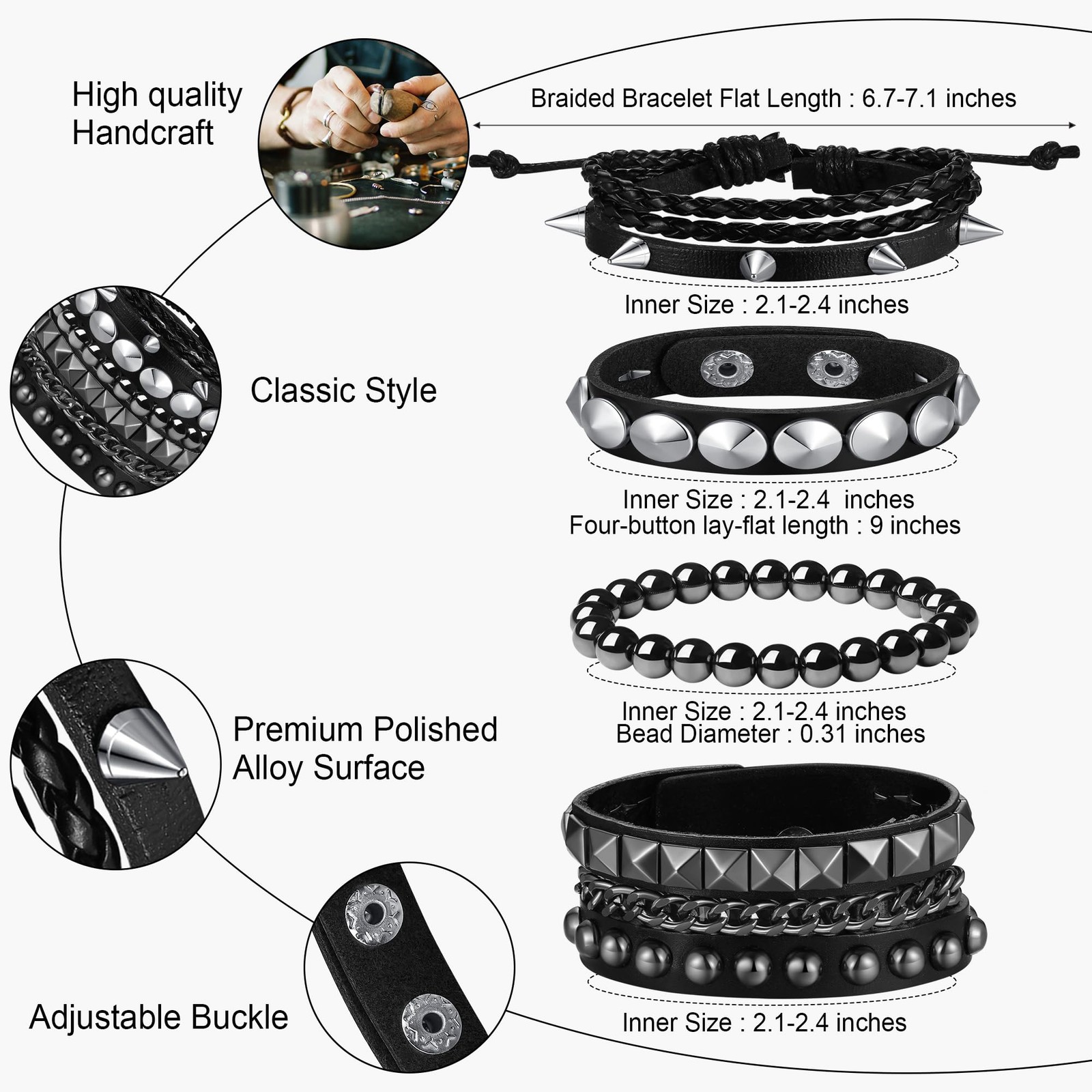 Sahoottie 4Pcs 7.2-7.8in Emo Studded Bracelets for Men Women Large, Black-A03